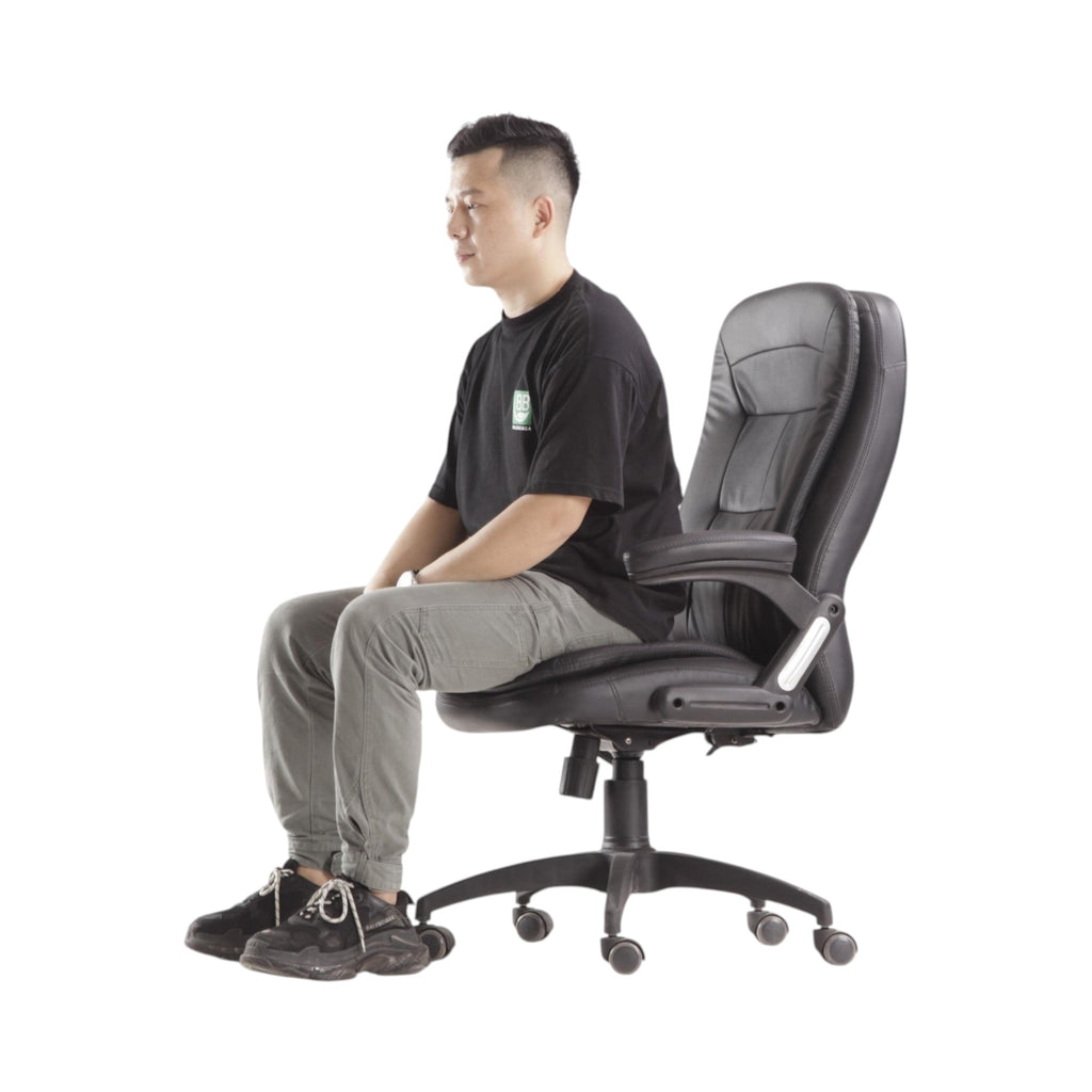 Xiaoyaozuo office chair: Black faux leather executive high back office chair with plush cushioning and adjustable height, shown with a man seated.