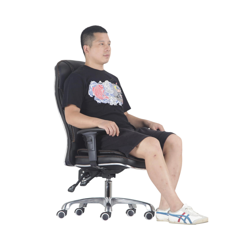 Xiaoyaozuo office chair: Black faux leather executive high back office chair with contrast stitching and chrome base.