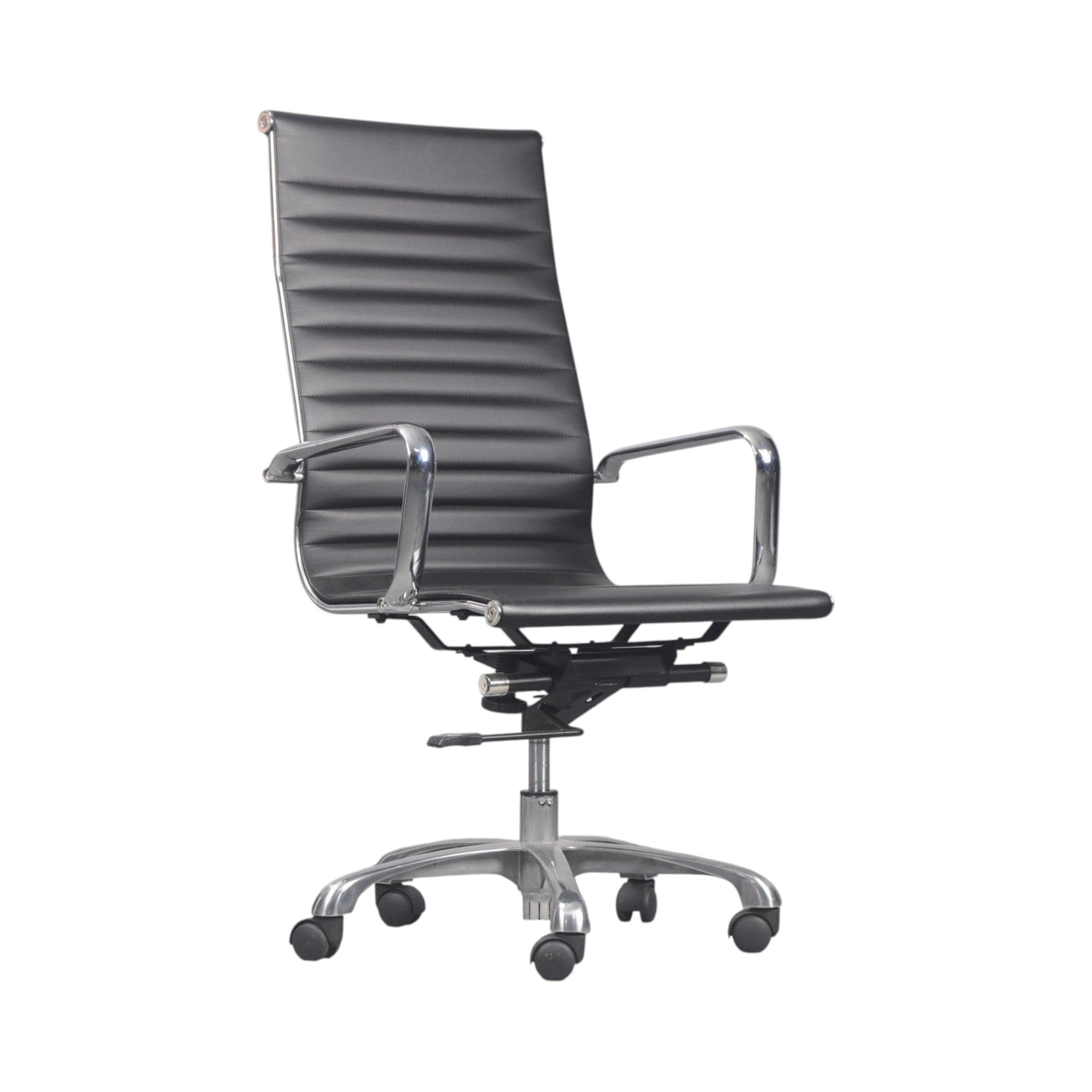 Xiaoyaozuo office chair black faux leather executive high back chair with polished aluminum base and casters.