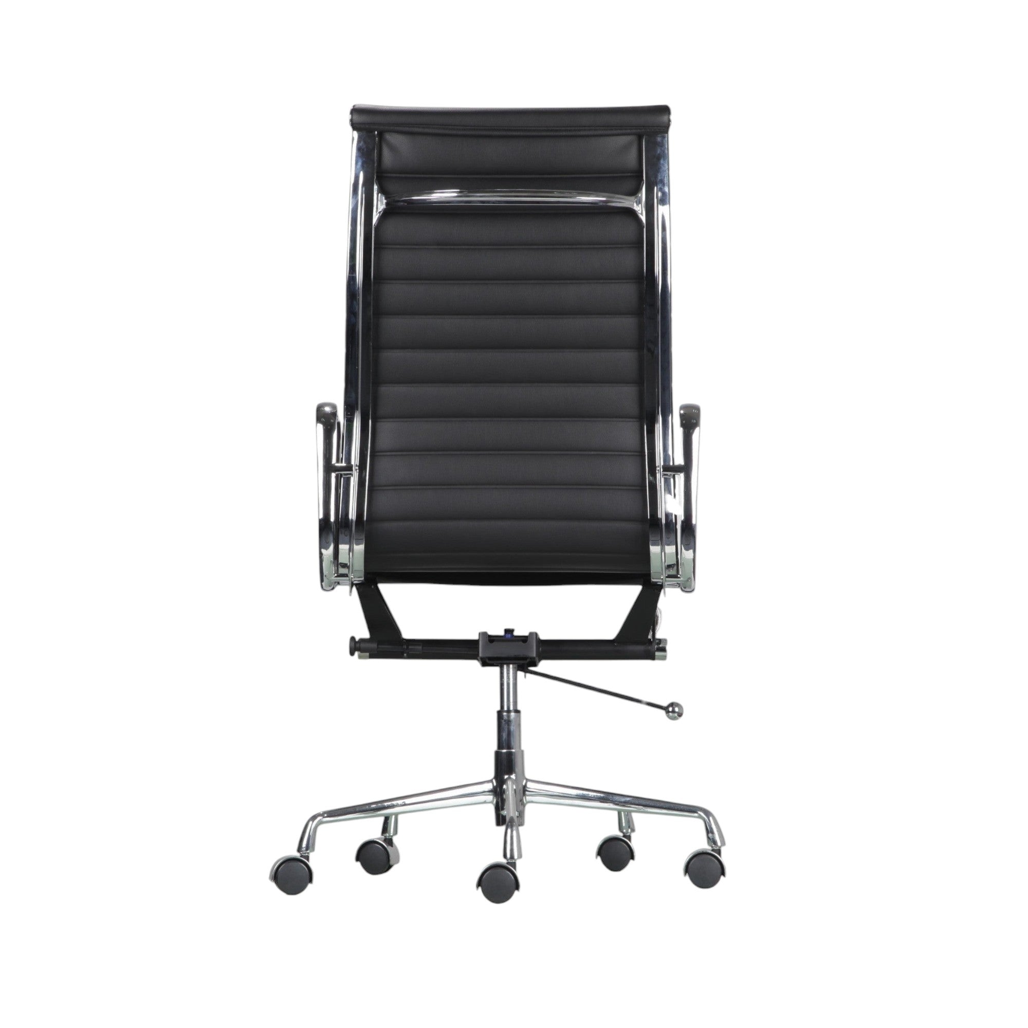 Xiaoyaozuo office chair executive high back chair in black faux leather with polished chrome frame and ribbed cushioning.
