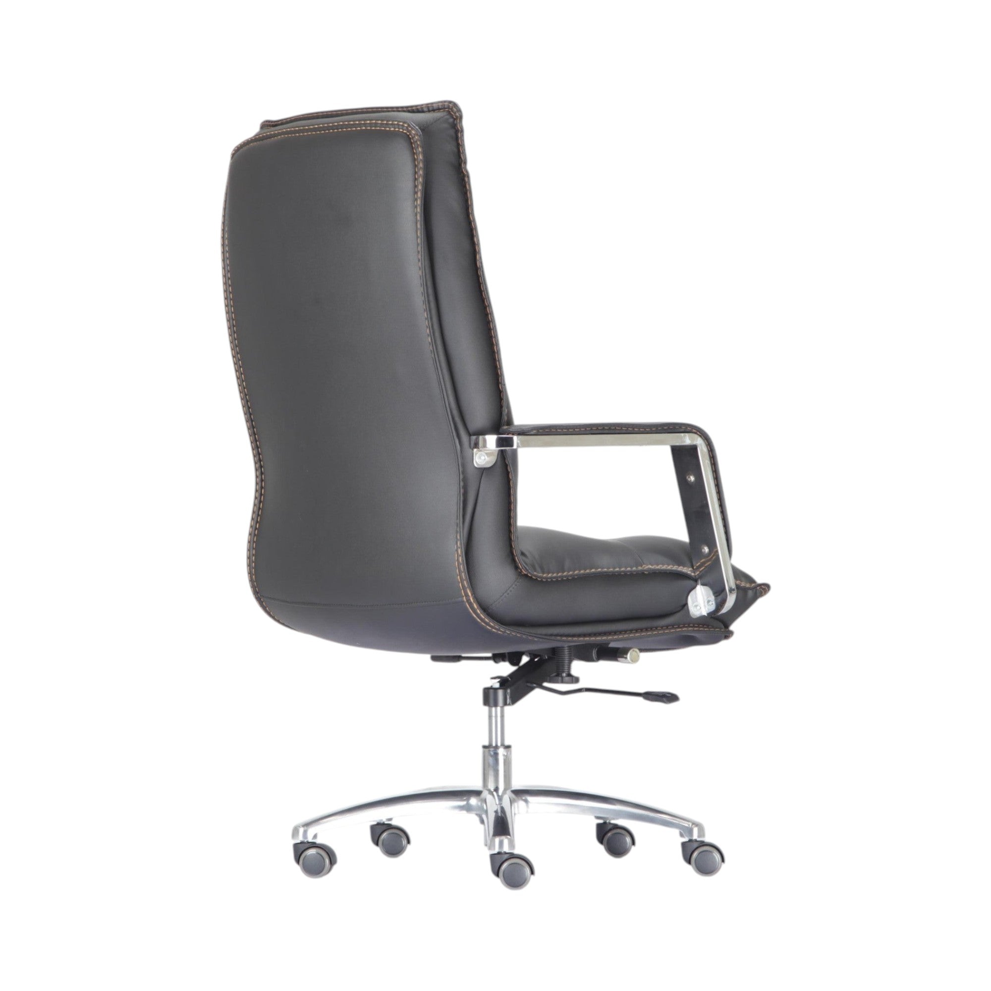 Xiaoyaozuo office chair black faux leather executive high back chair with chrome base and detailed stitching.
