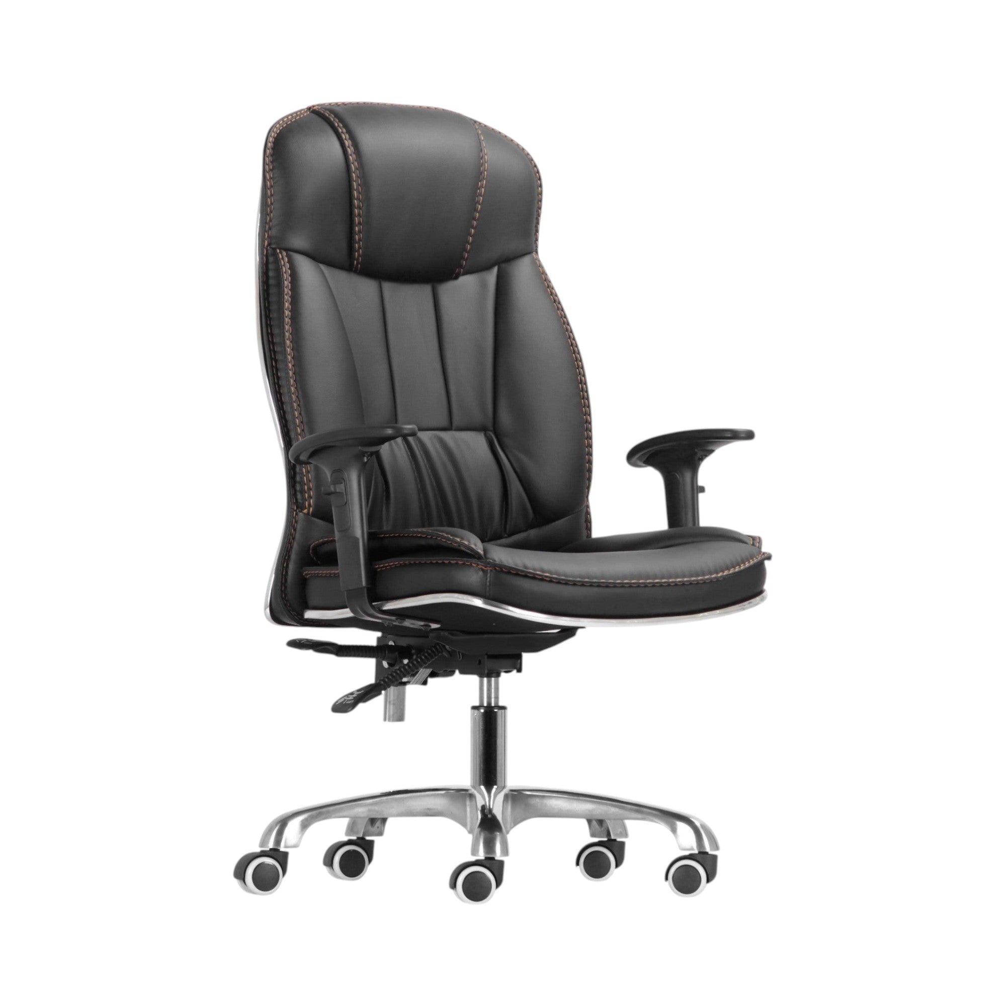 Xiaoyaozuo office chair executive high back chair in black faux leather with contrast stitching and chrome base.