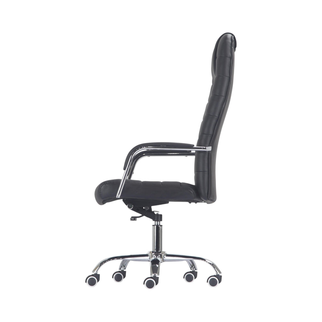 Xiaoyaozuo office chair black faux leather executive high back office chair with chrome base and casters.