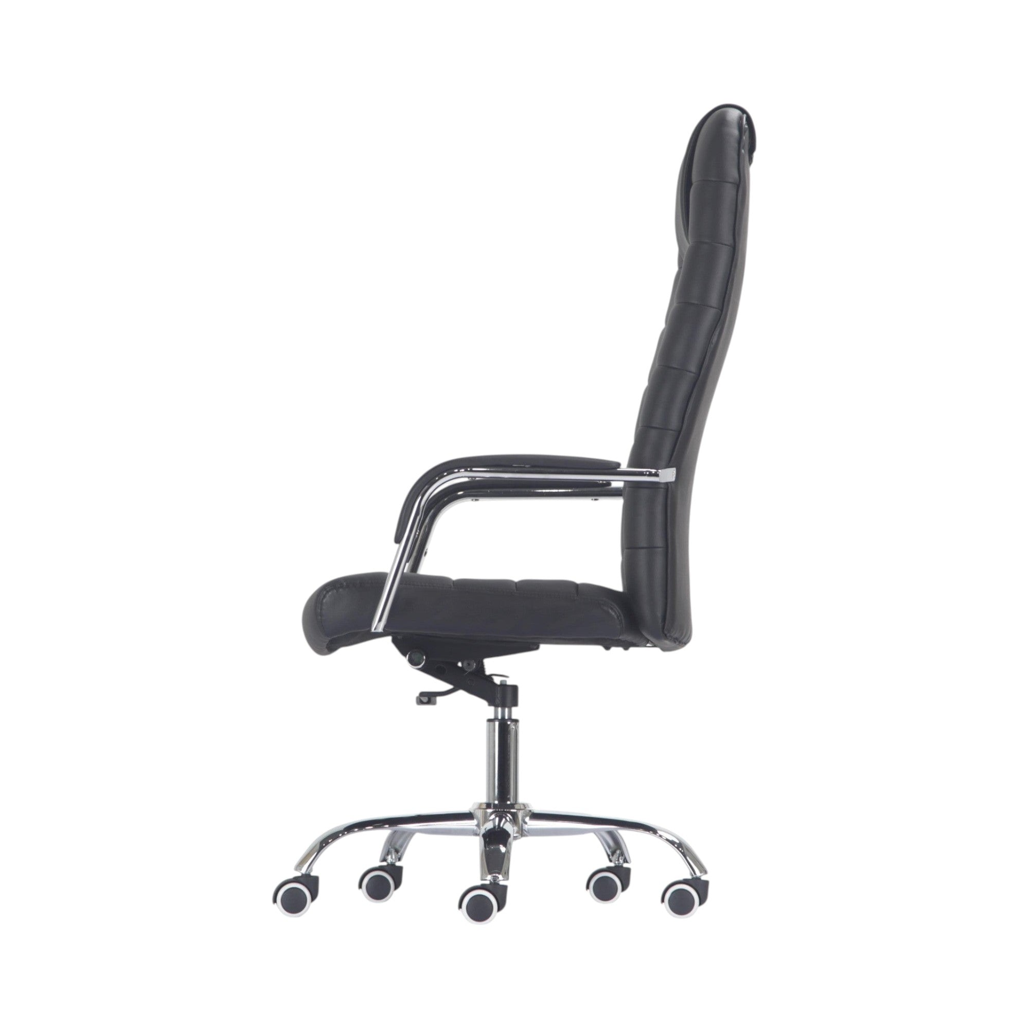 Xiaoyaozuo office chair black faux leather executive high back office chair with chrome base and casters.