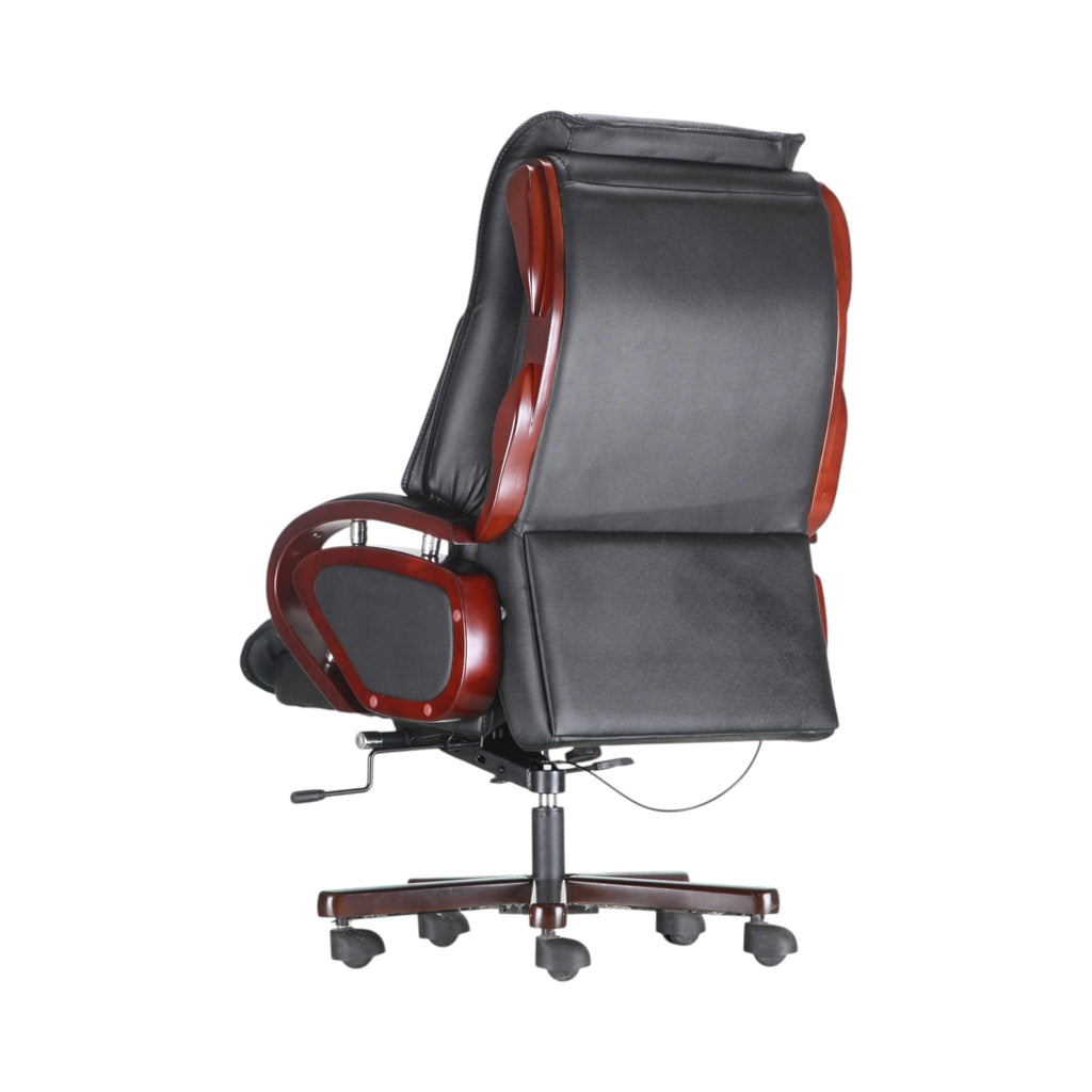 Xiaoyaozuo office chair: Black faux leather executive chair with polished wood accents on arms and back. Ergonomic high back and plush cushioning.