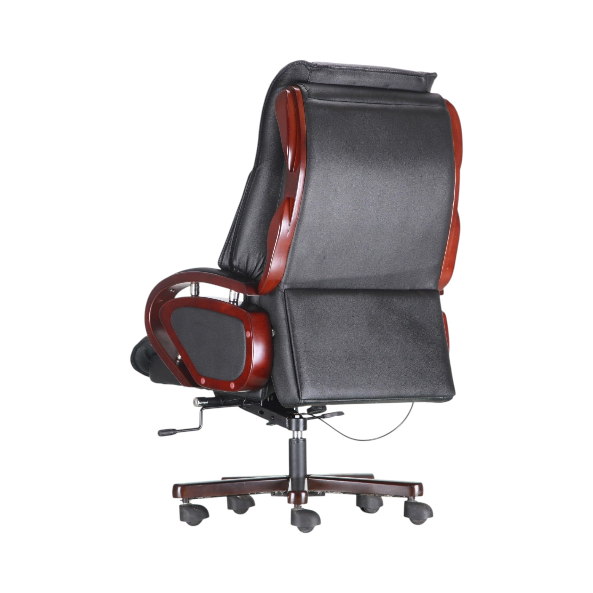 Xiaoyaozuo office chair: Black faux leather executive chair with polished wood accents on arms and back. Ergonomic high back and plush cushioning.