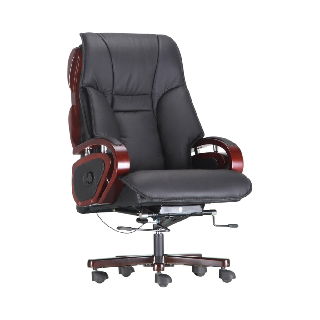 Xiaoyaozuo office chair: Black faux leather executive office chair with polished wood accents on arms and back. Ergonomic, high-back design with plush cushioning and casters.