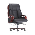 Xiaoyaozuo office chair: Black faux leather executive office chair with polished wood accents on arms and back. Ergonomic, high-back design with plush cushioning and casters.