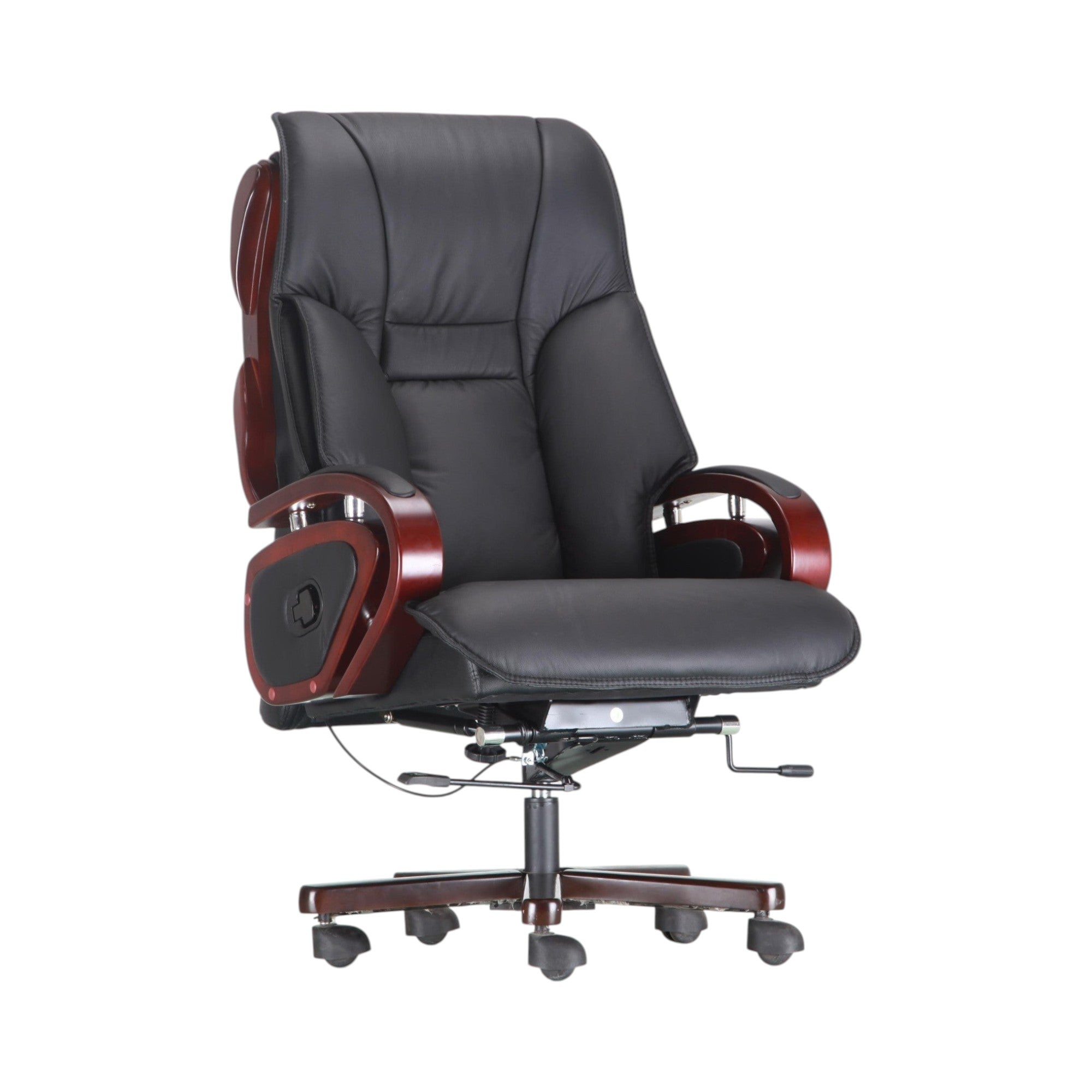 Xiaoyaozuo office chair: Black faux leather executive office chair with polished wood accents on arms and back. Ergonomic, high-back design with plush cushioning and casters.