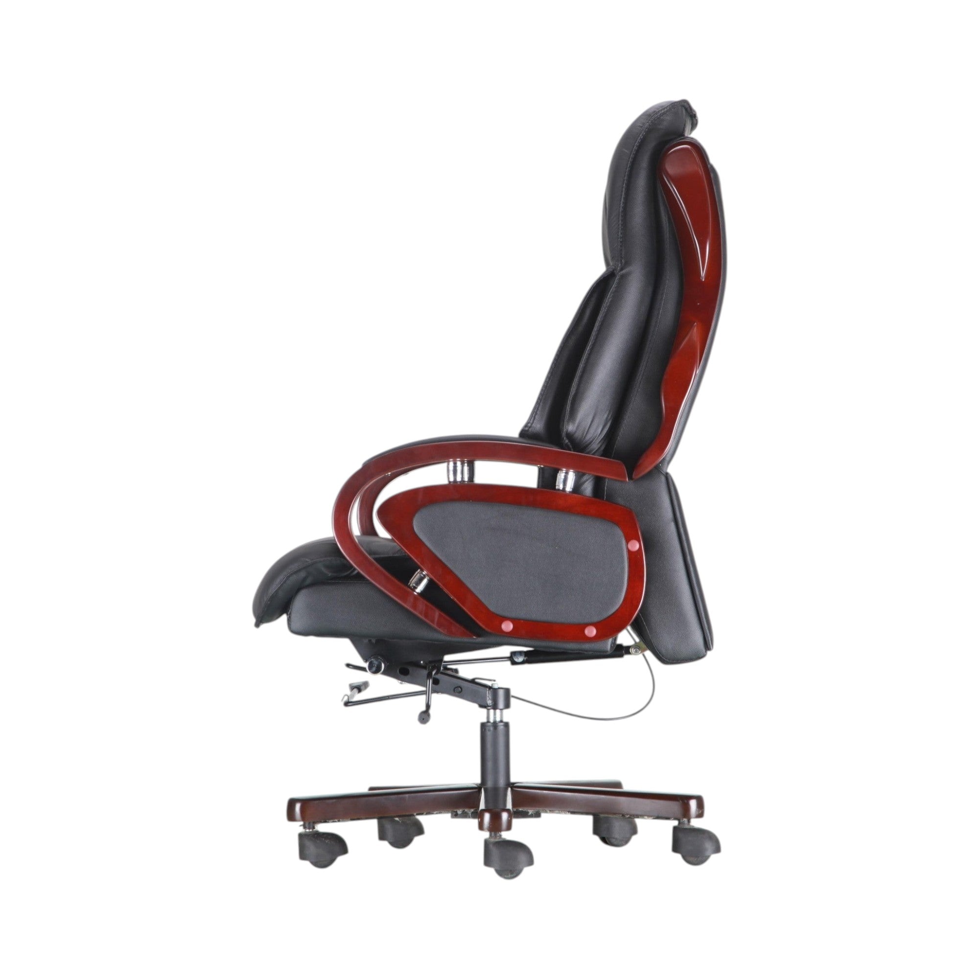 Xiaoyaozuo office chair: Black faux leather executive chair with polished wood accents on arms and high back. Ergonomic design with plush cushioning and casters.