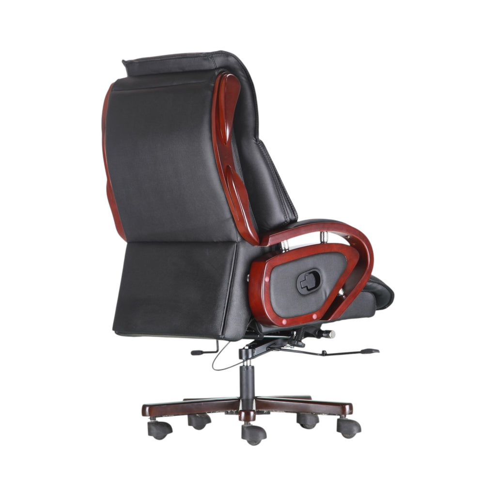 Xiaoyaozuo office chair black faux leather executive chair with wood accents and high back support.