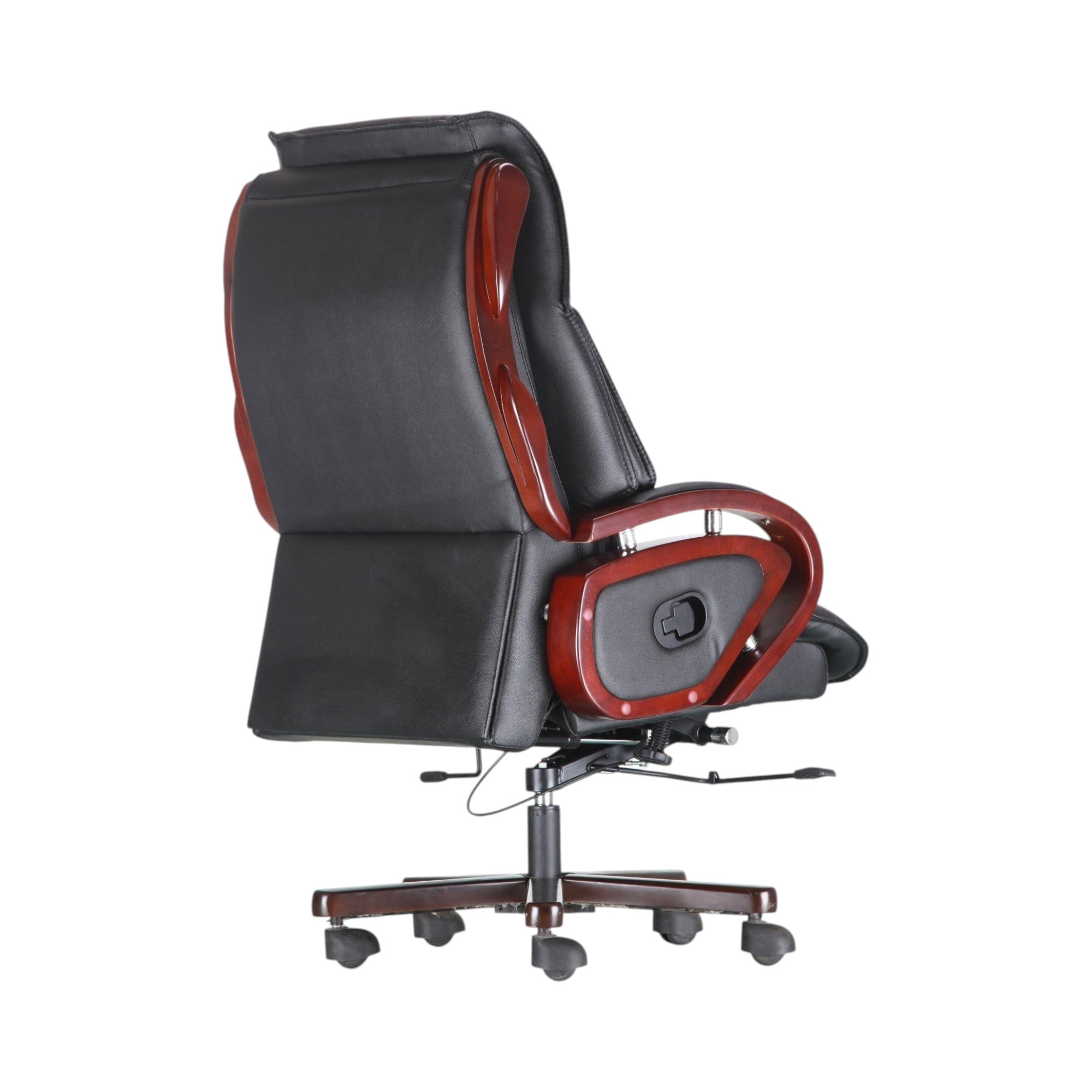 Xiaoyaozuo office chair black faux leather executive chair with wood accents and high back support.