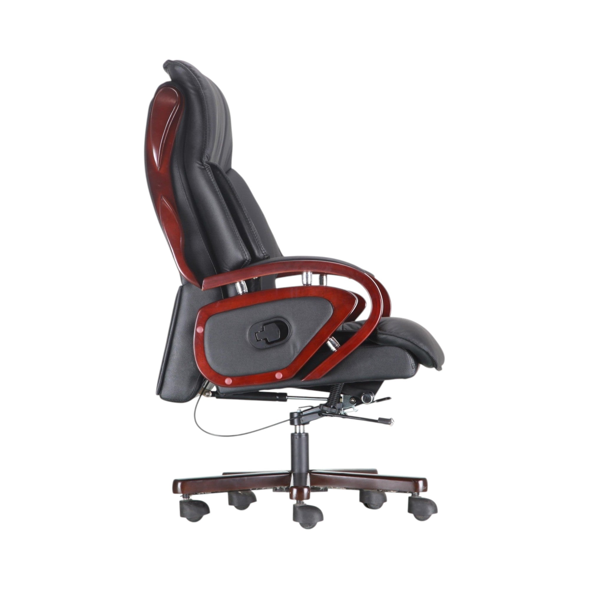 Xiaoyaozuo office chair black faux leather executive chair with wood accents and high back support.