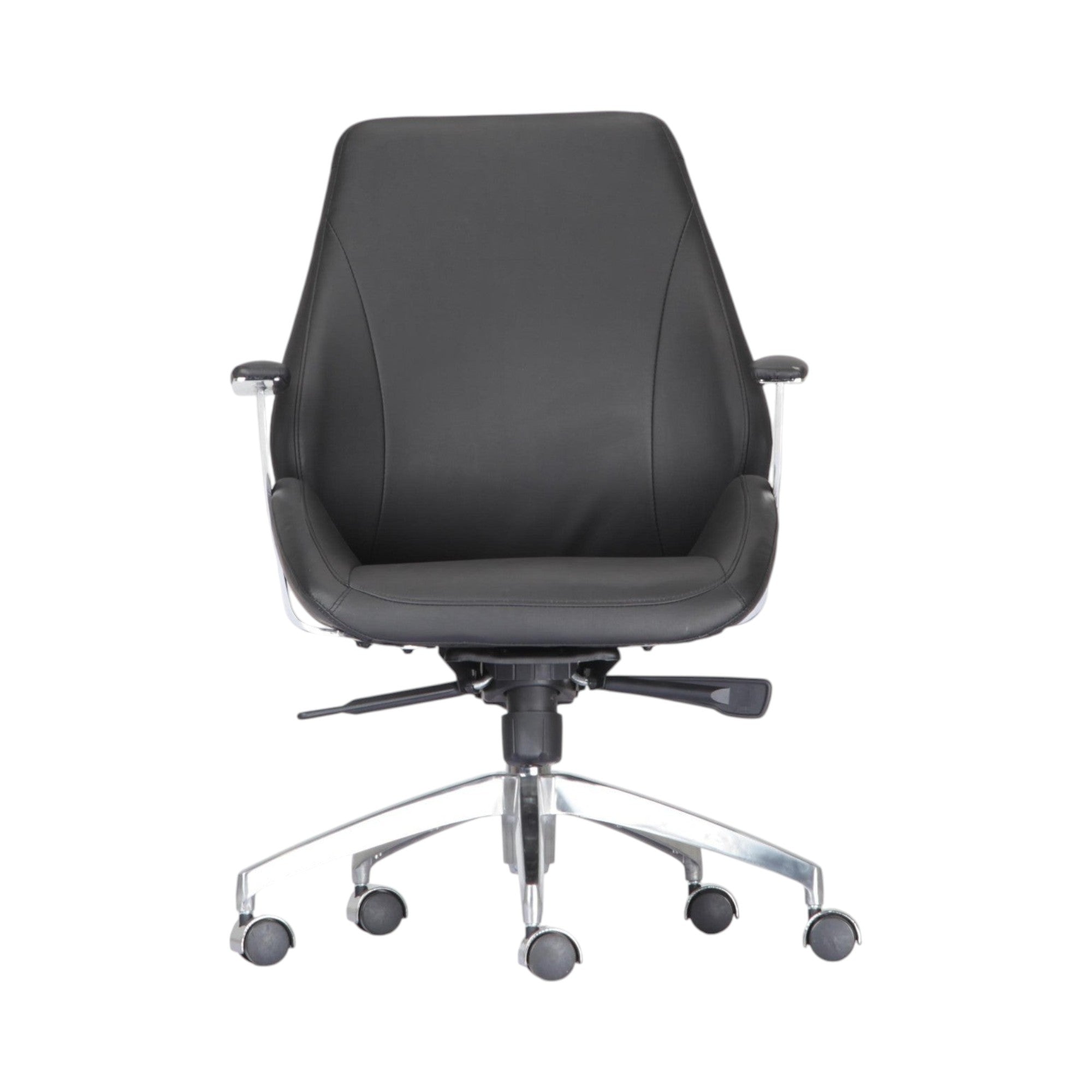 Xiaoyaozuo office chair: Black leather executive ergonomic office chair with high back, adjustable armrests, and polished chrome accents.