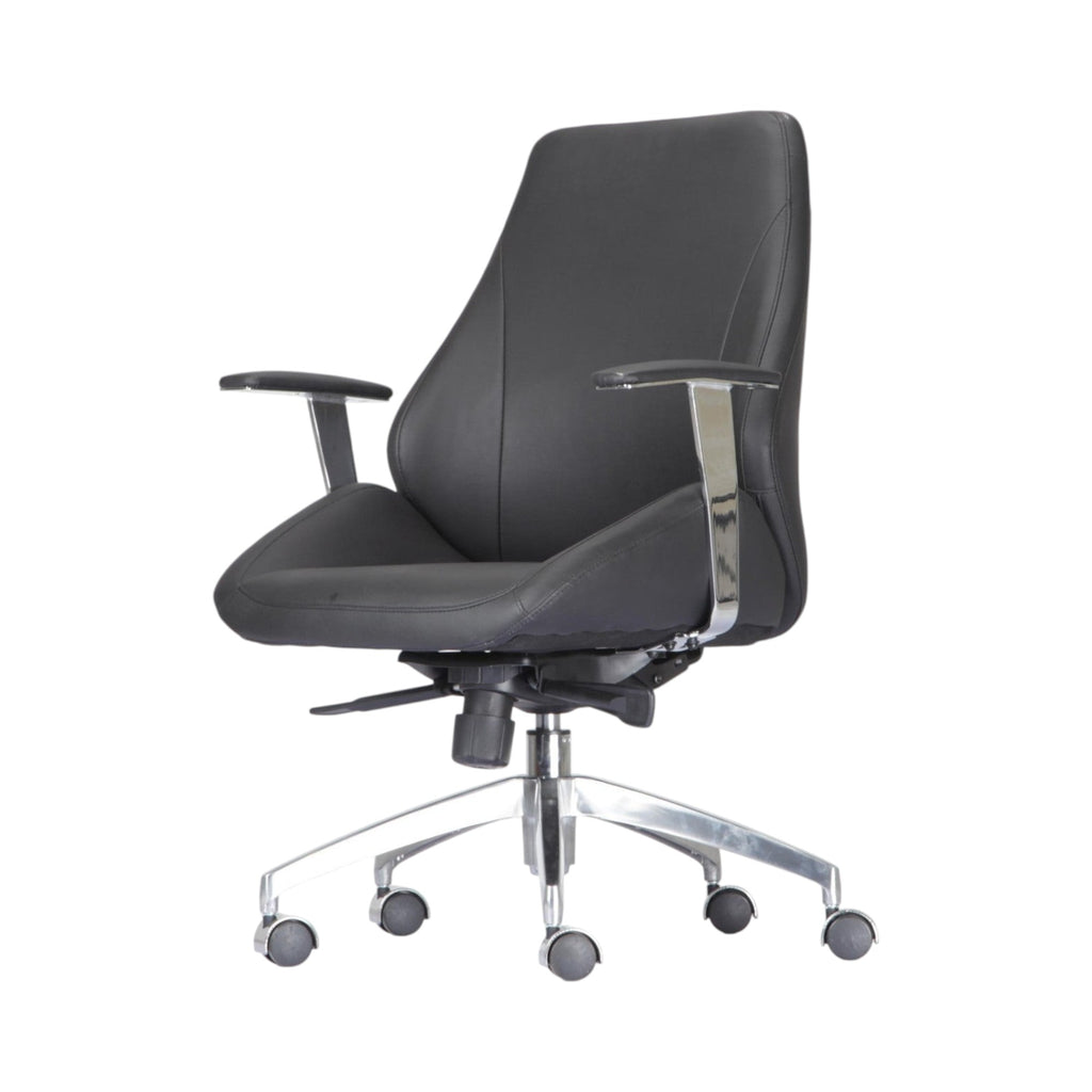 Xiaoyaozuo office chair executive ergonomic black leather chair with chrome accents and adjustable armrests.