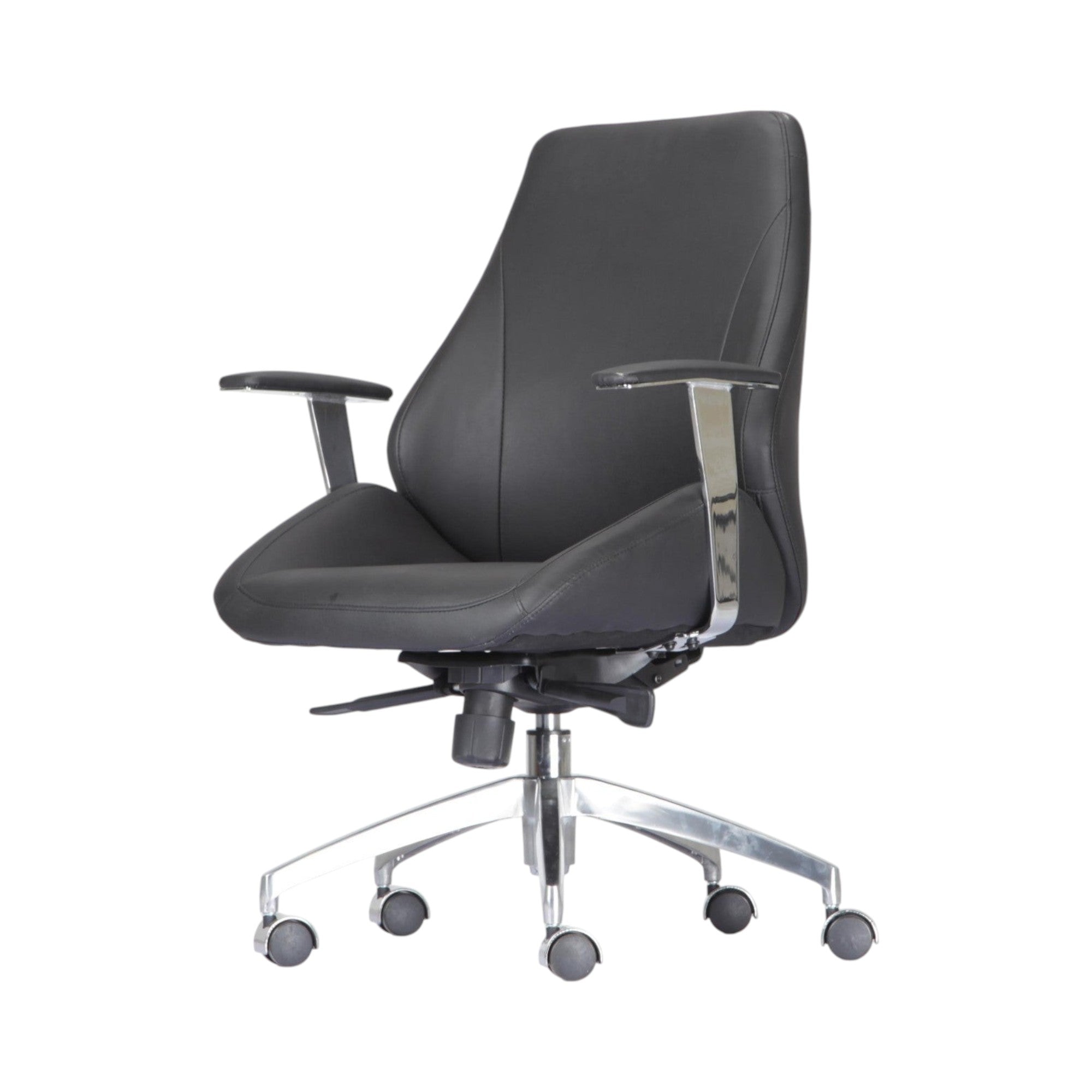 Xiaoyaozuo office chair executive ergonomic black leather chair with chrome accents and adjustable armrests.