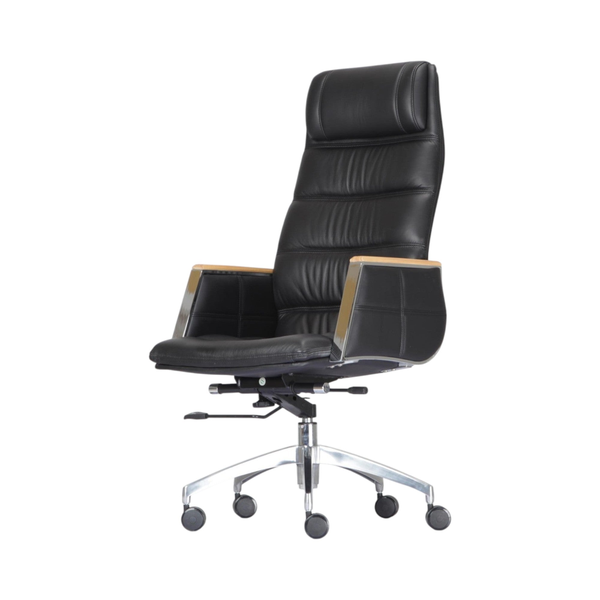 Xiaoyaozuo office chair executive black leather high-back chair with wood-accented armrests and silver base.