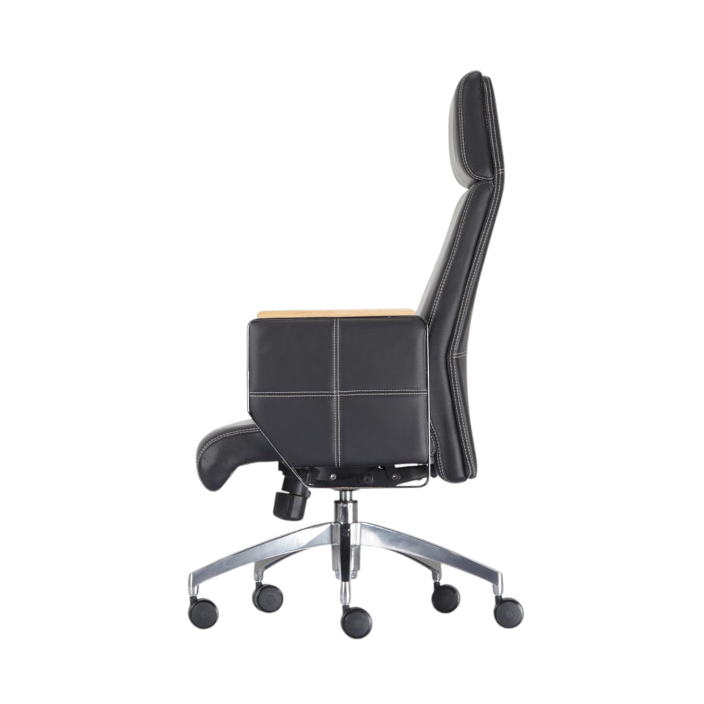 Xiaoyaozuo office chair black leather executive chair with padded headrest and wood-accented armrests on chrome base.