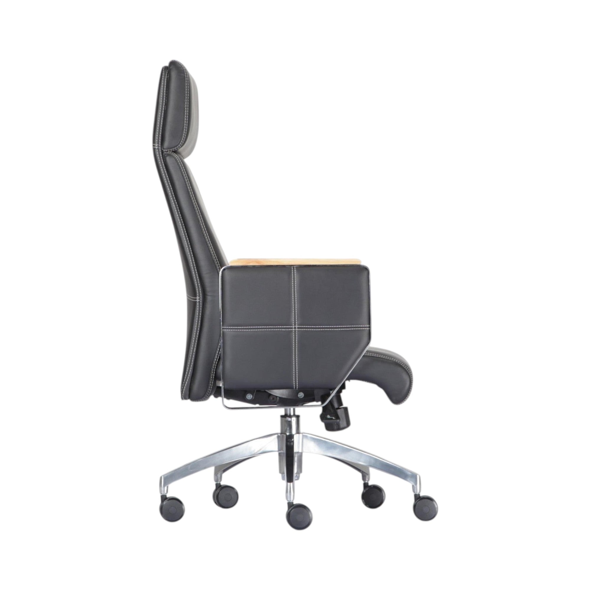 Xiaoyaozuo office chair black leather executive chair with padded headrest and wood-accented armrests on chrome base with casters.