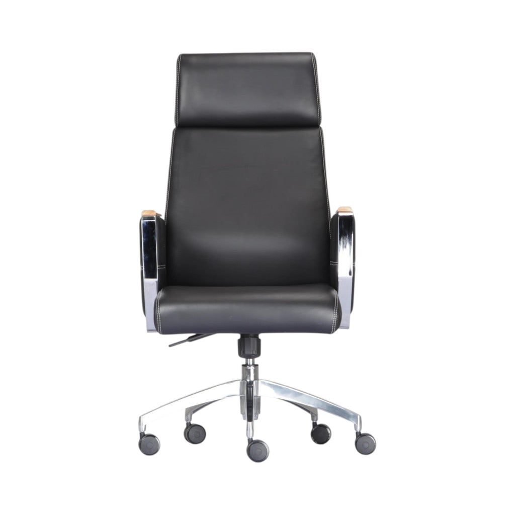 Xiaoyaozuo office chair black leather executive chair with padded headrest and wood-accented armrests on a chrome base with casters.