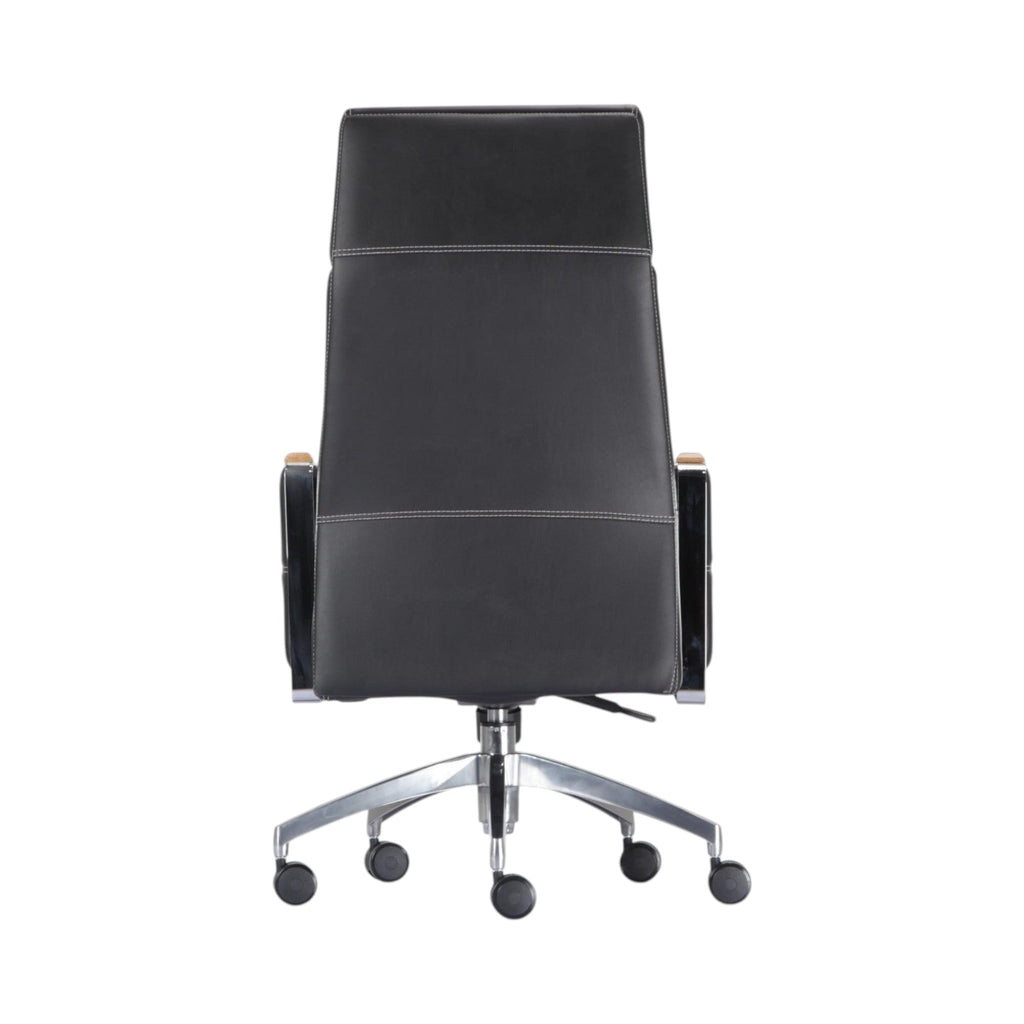 Xiaoyaozuo office chair black leather executive chair with padded headrest and wood-accented armrests on a chrome base with casters.