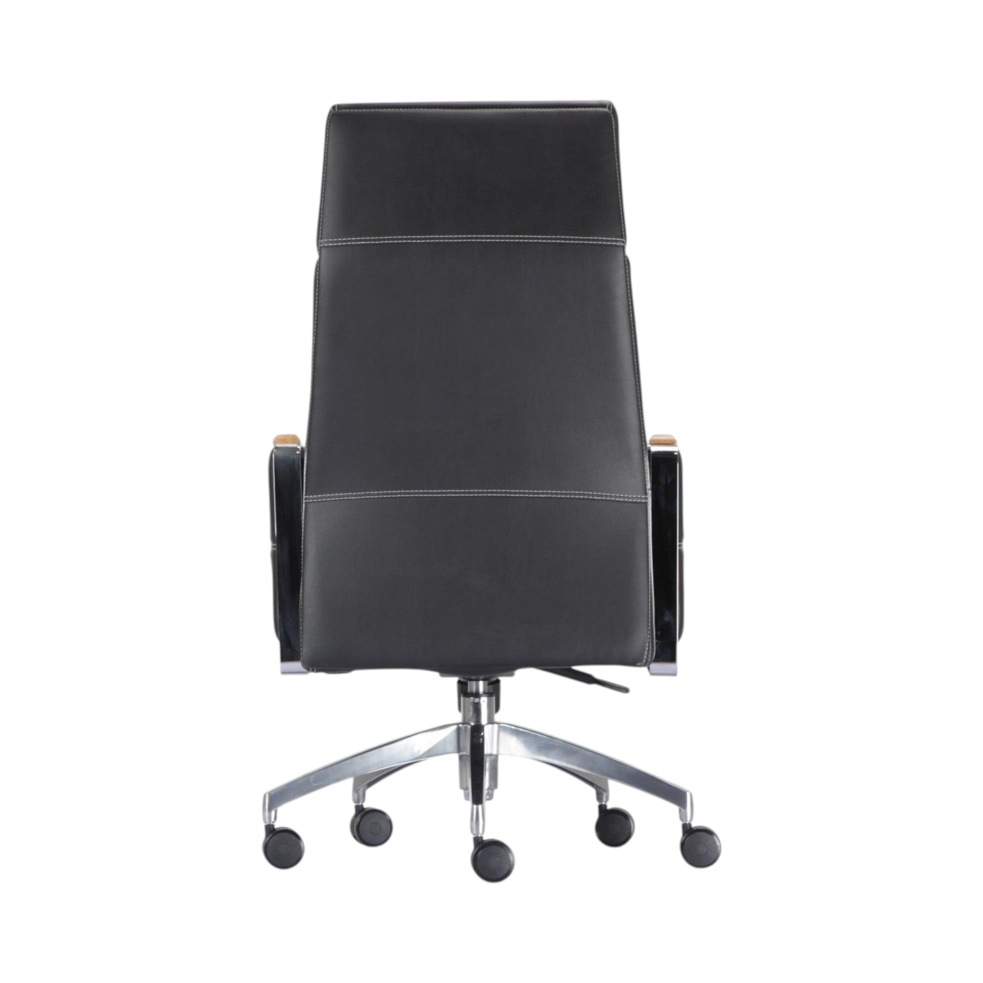 Xiaoyaozuo office chair black leather executive chair with padded headrest and wood-accented armrests on a chrome base with casters.