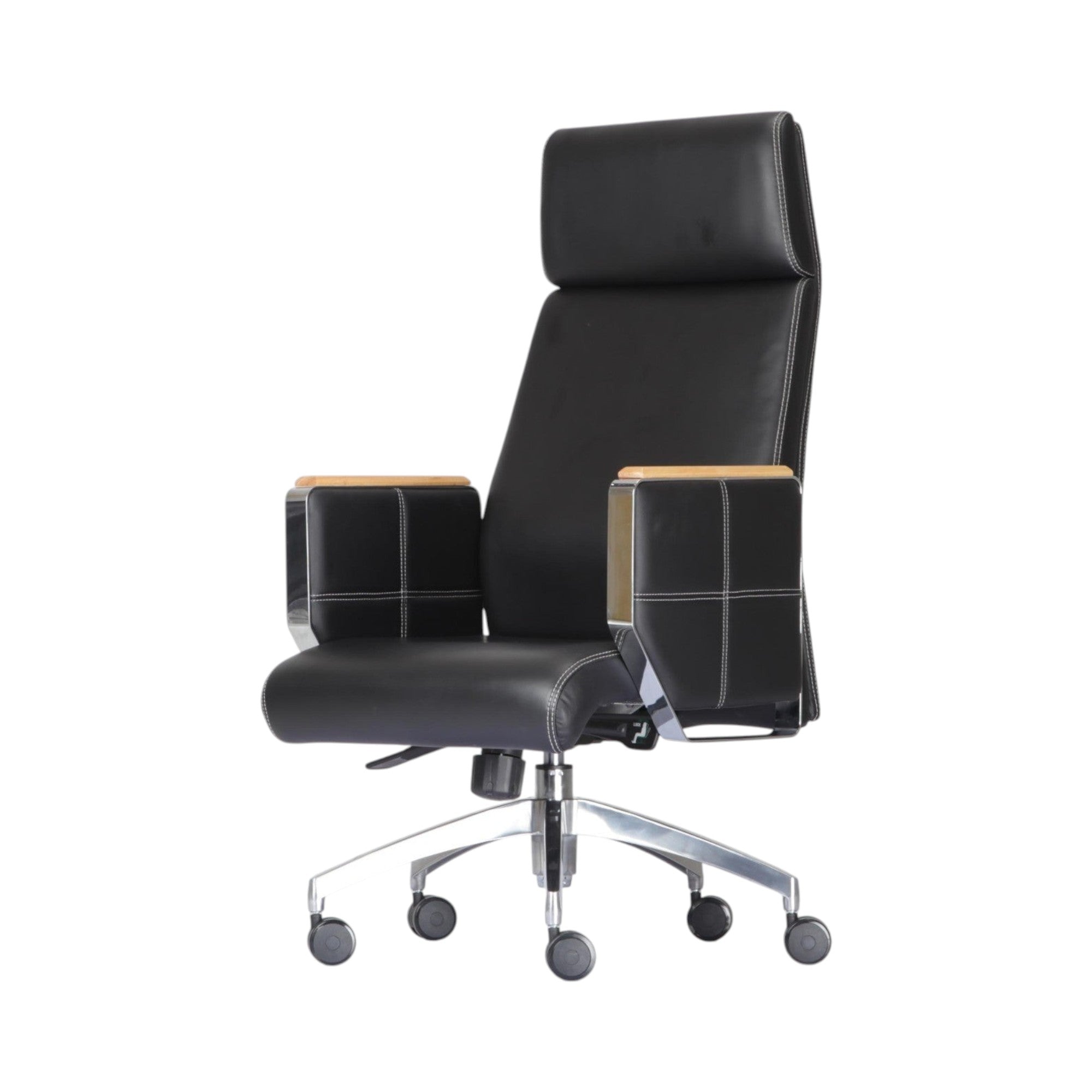 Xiaoyaozuo office chair black leather executive chair with padded headrest and wood-accented armrests on chrome base with casters.