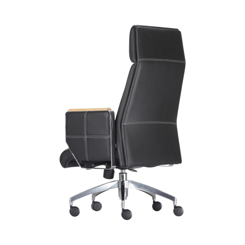 Xiaoyaozuo office chair black leather executive chair with padded headrest, wood armrests, and chrome base with casters.