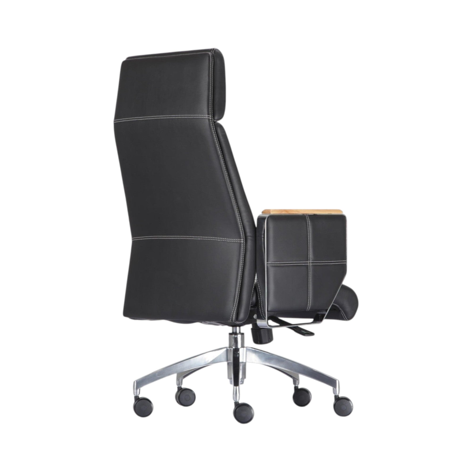 Xiaoyaozuo office chair black leather executive chair with padded headrest and wood-accented armrests on chrome base.