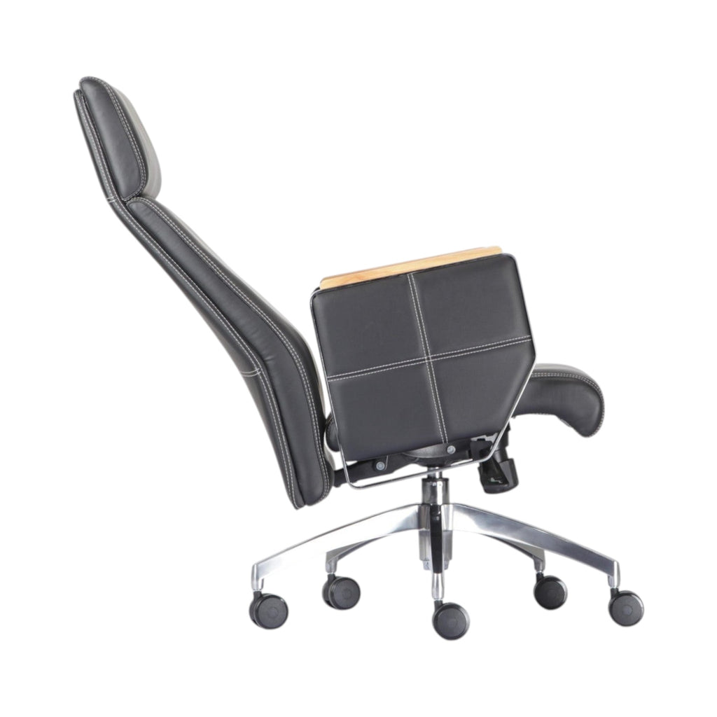 Xiaoyaozuo office chair black leather executive chair with padded headrest and wood-accented armrests on chrome base with casters.