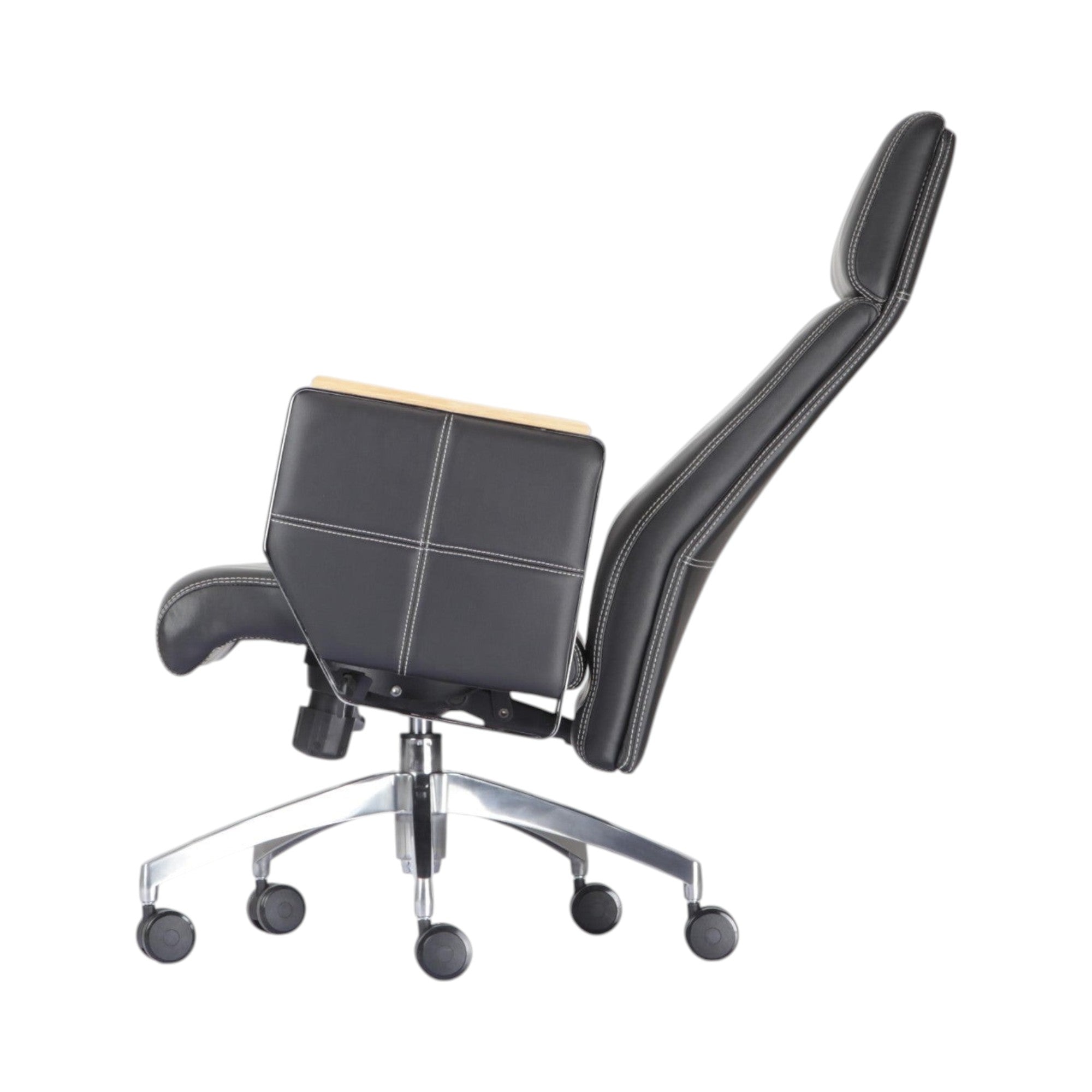 Xiaoyaozuo office chair black leather executive chair with padded headrest and wood-accented armrests on chrome base with casters.
