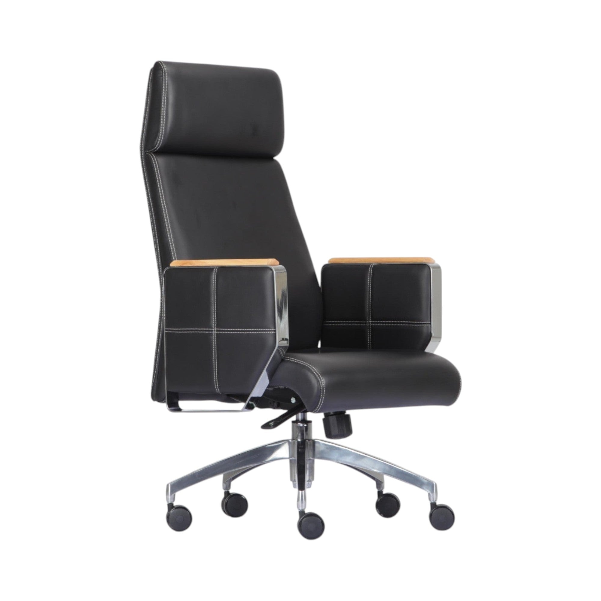 Xiaoyaozuo office chair black leather executive chair with padded headrest and wood-accented armrests on chrome base with casters.