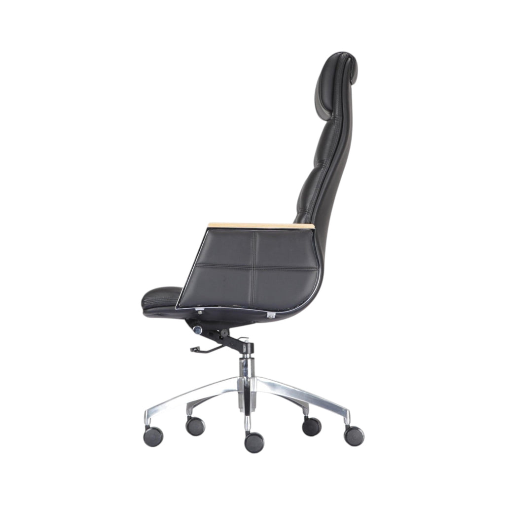 Xiaoyaozuo office chair: Black leather executive high-back office chair with wood-accented armrests and chrome base.