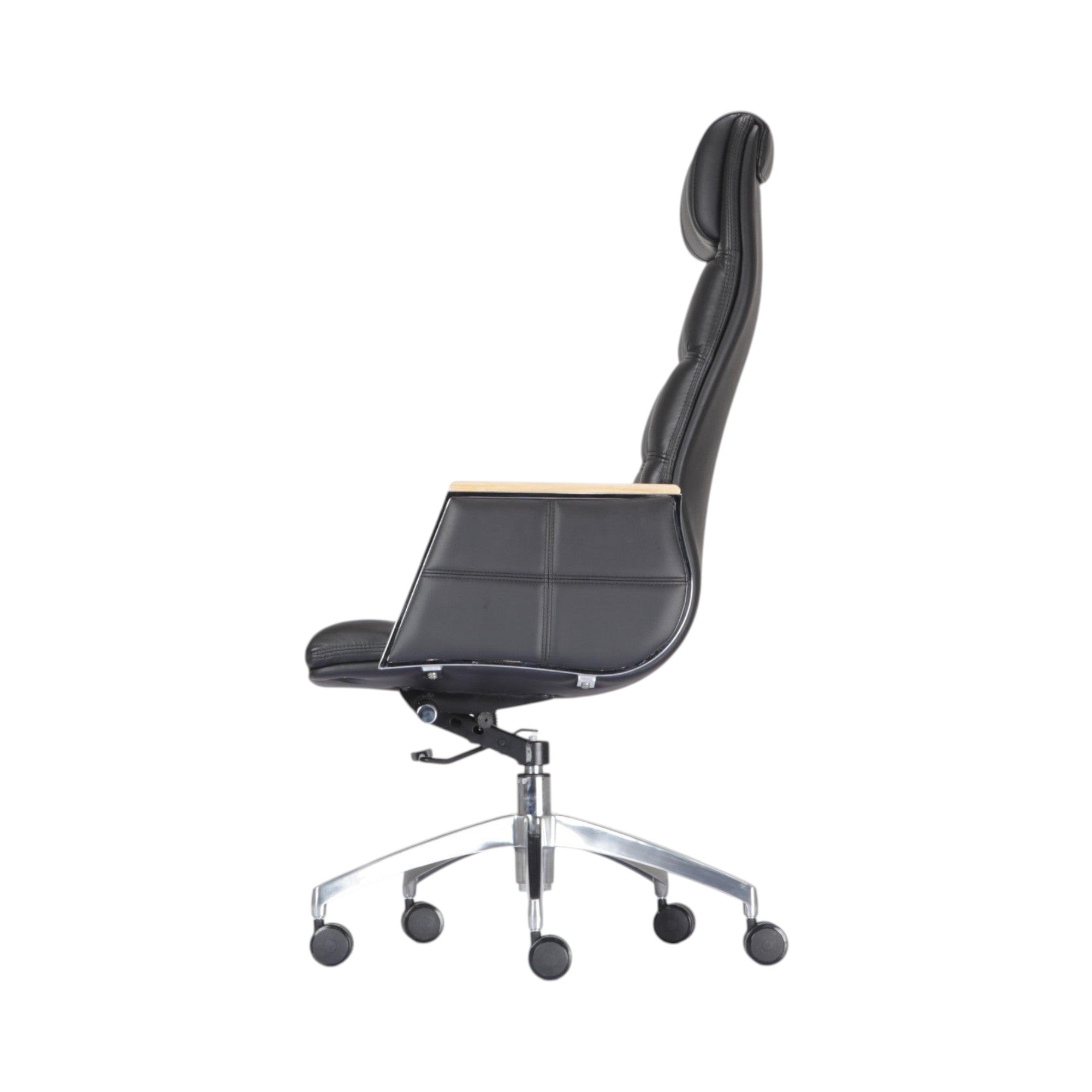 Xiaoyaozuo office chair: Black leather executive high-back office chair with wood-accented armrests and chrome base.