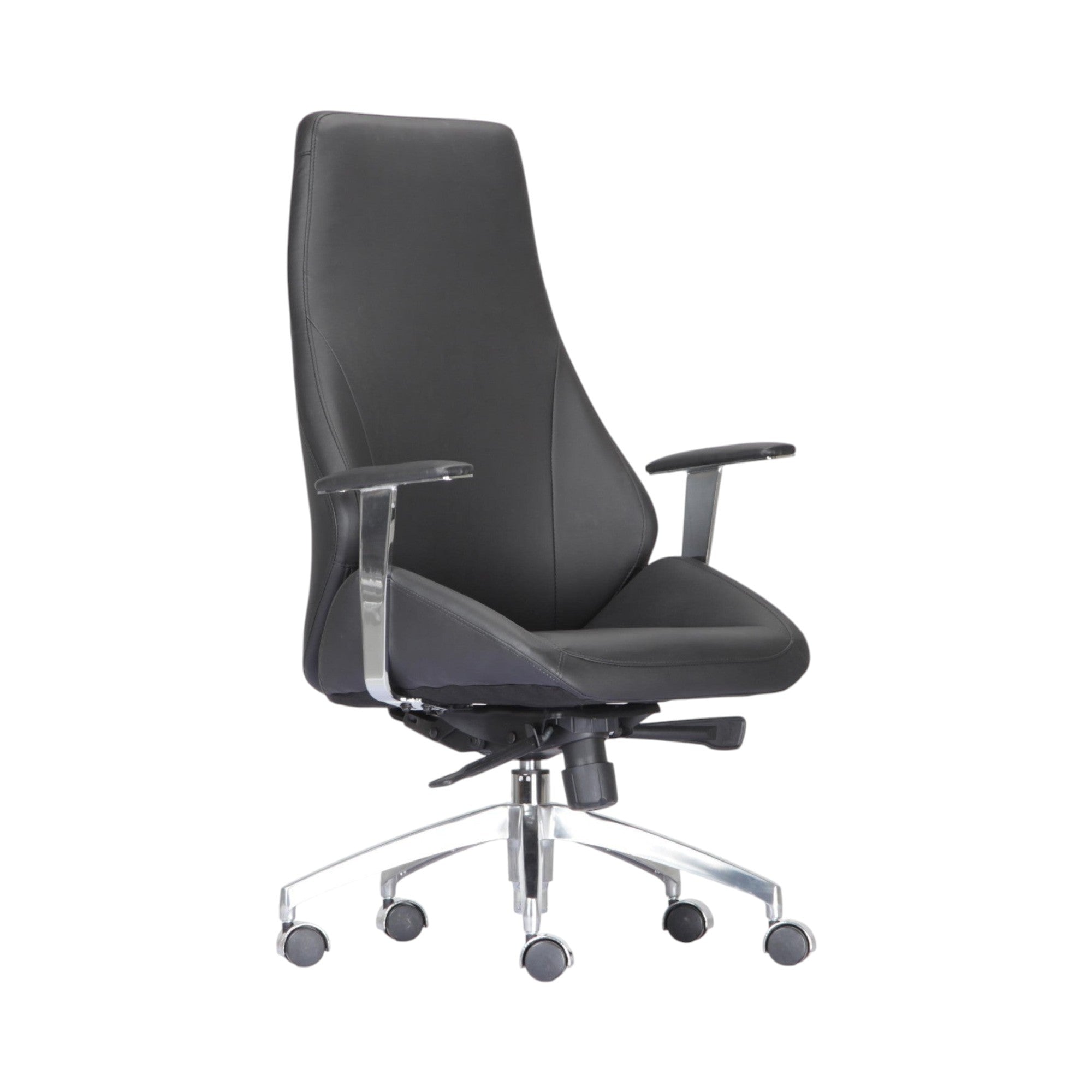 Xiaoyaozuo office chair: Black leather executive high back office chair with chrome base and casters, ergonomic lumbar support.