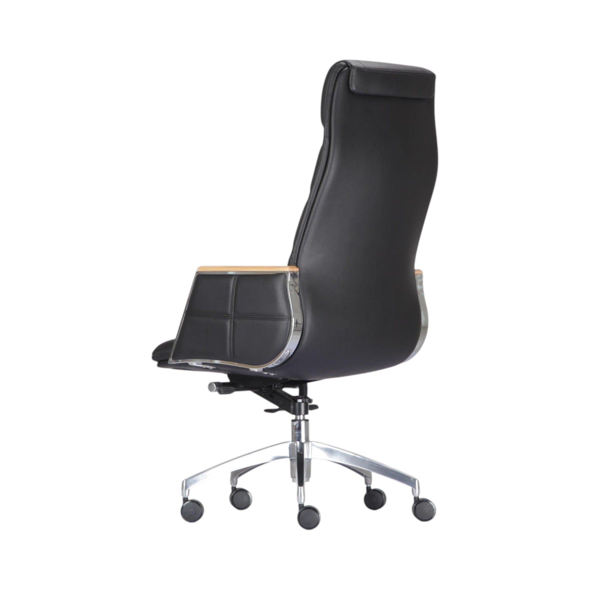 Xiaoyaozuo office chair black leather executive high back chair with wood accents and chrome base.