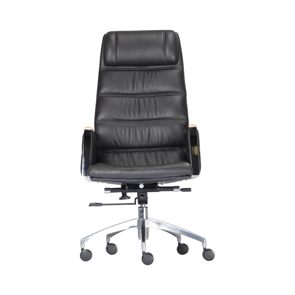 Xiaoyaozuo office chair black leather executive high back chair with wood accents and chrome base.