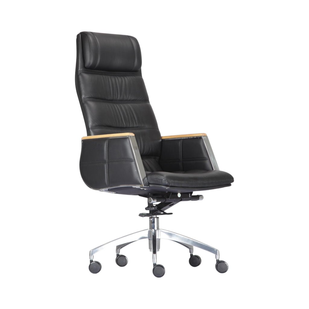 Xiaoyaozuo office chair: Black leather executive high-back chair with wood-accented armrests and silver base with casters.