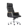Xiaoyaozuo office chair: Black leather executive high-back chair with wood-accented armrests and silver base with casters.