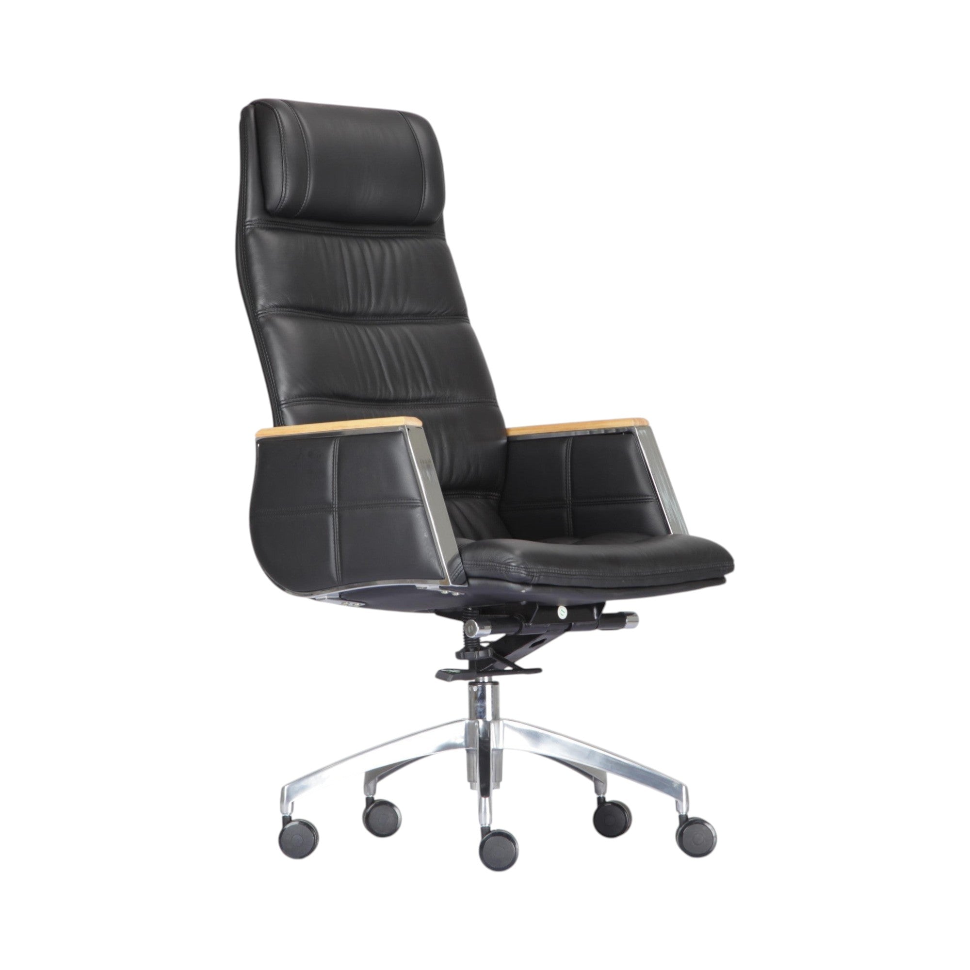 Xiaoyaozuo office chair: Black leather executive high-back chair with wood-accented armrests and silver base with casters.