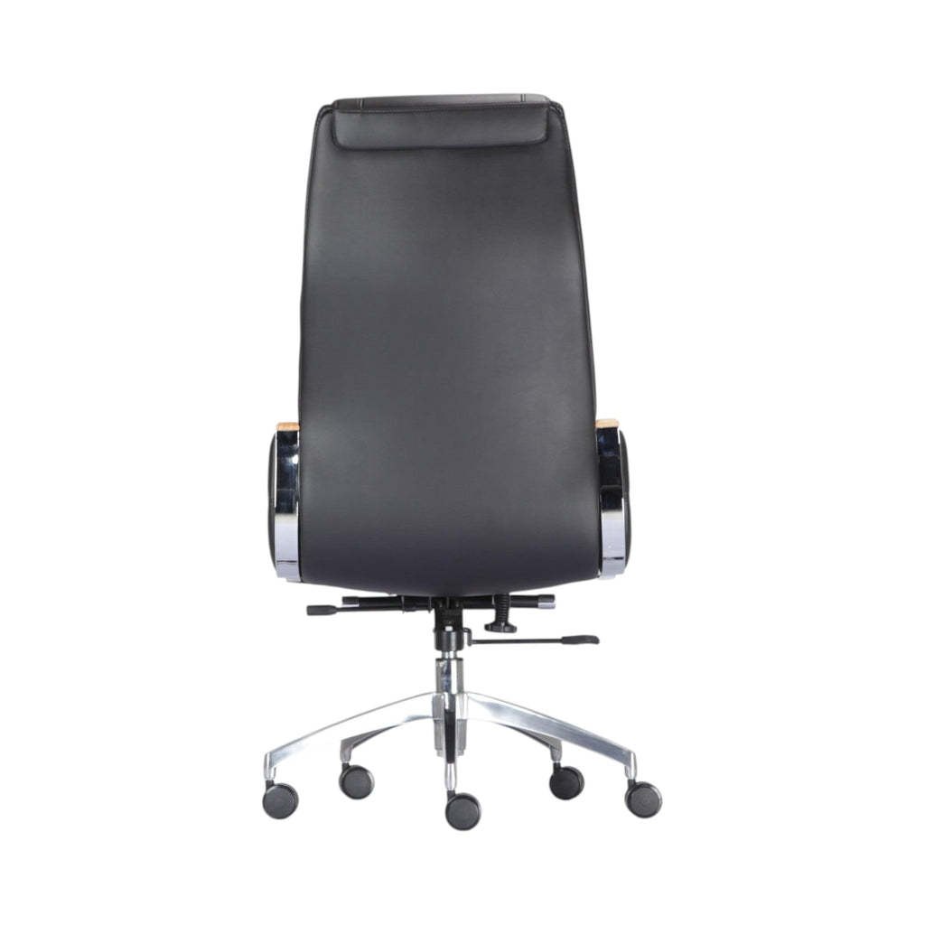 Xiaoyaozuo office chair: Black leather executive high back office chair with wood accents on armrests and chrome base with casters.