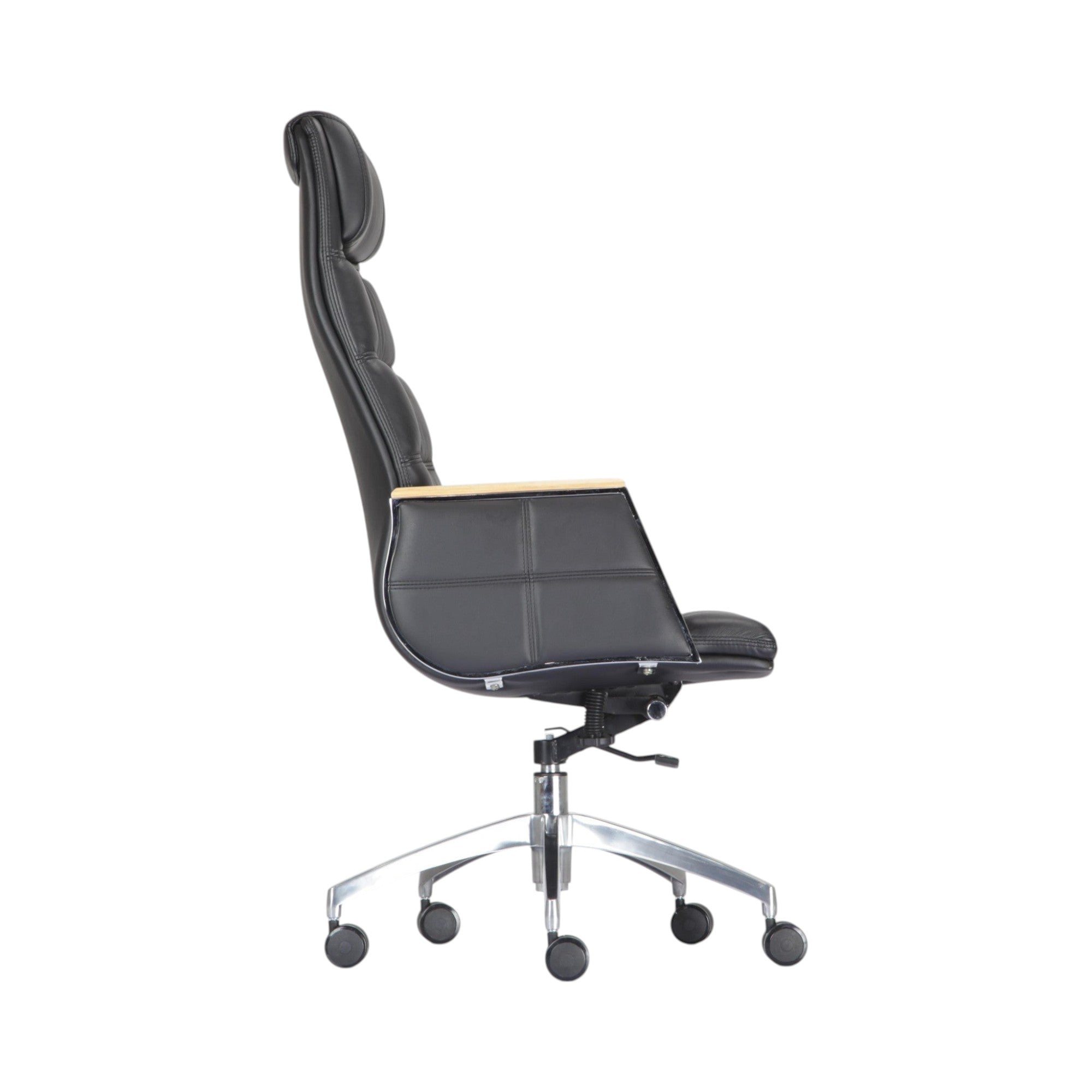 Xiaoyaozuo office chair: Black leather executive high-back office chair with wood-accented armrests and silver base.