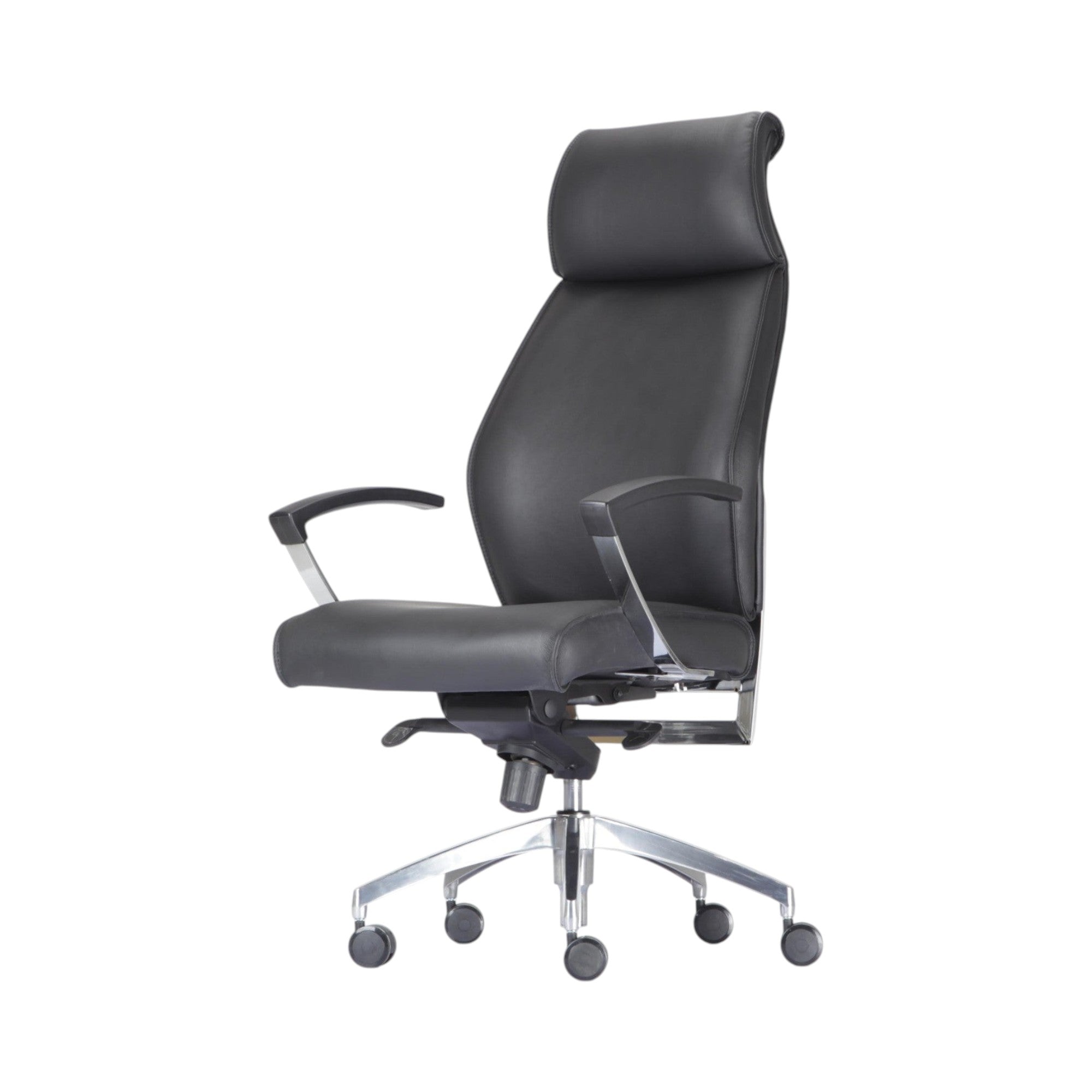 Xiaoyaozuo office chair black leather executive high back office chair with headrest and chrome accents.