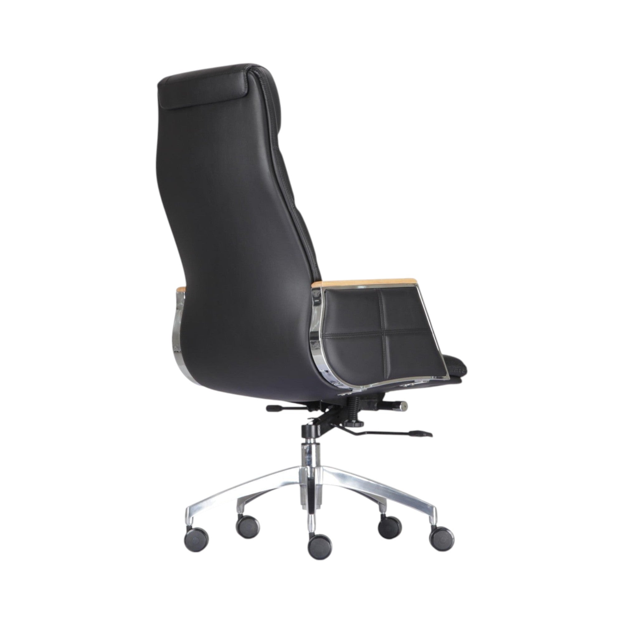 Xiaoyaozuo office chair: Black leather executive high-back office chair with wood-accented armrests and chrome base.