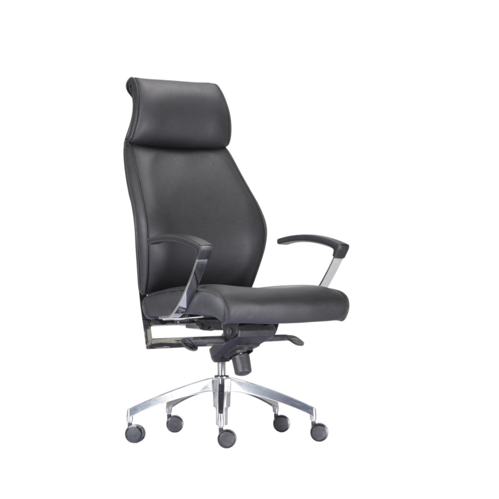 Xiaoyaozuo office chair black leather executive high back chair with headrest and chrome accents.