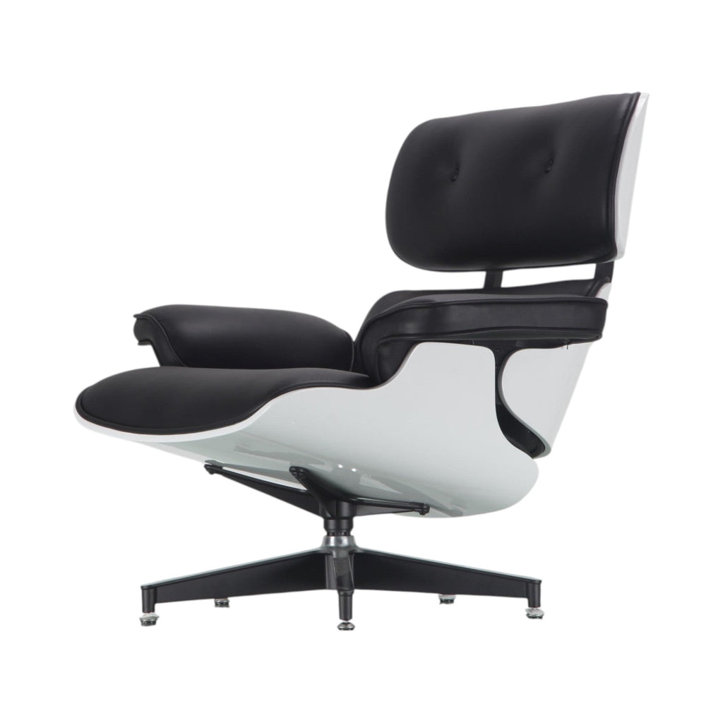 Xiaoyaozuo office chair: black leather executive lounge chair with white molded shell and swivel base.