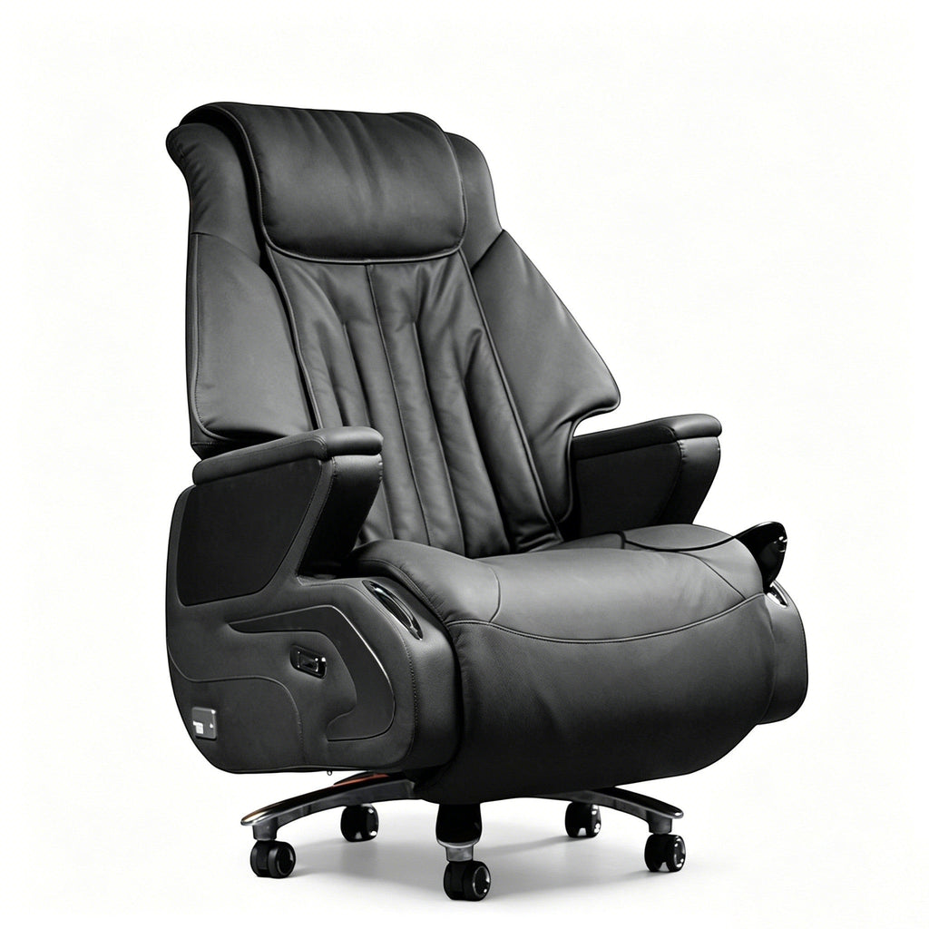 Xiaoyaozuo office chair, black top-grain leather executive massage chair with heated back and vibrating seat.