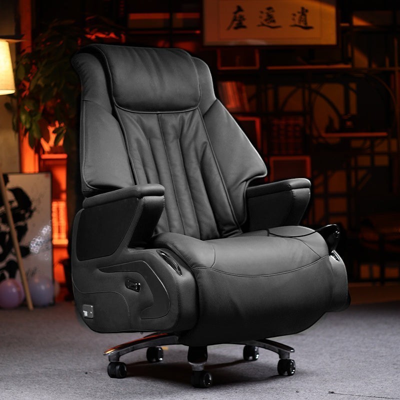 Xiaoyaozuo office chair: Black executive massage chair with top-grain leather, lumbar support, and integrated controls.