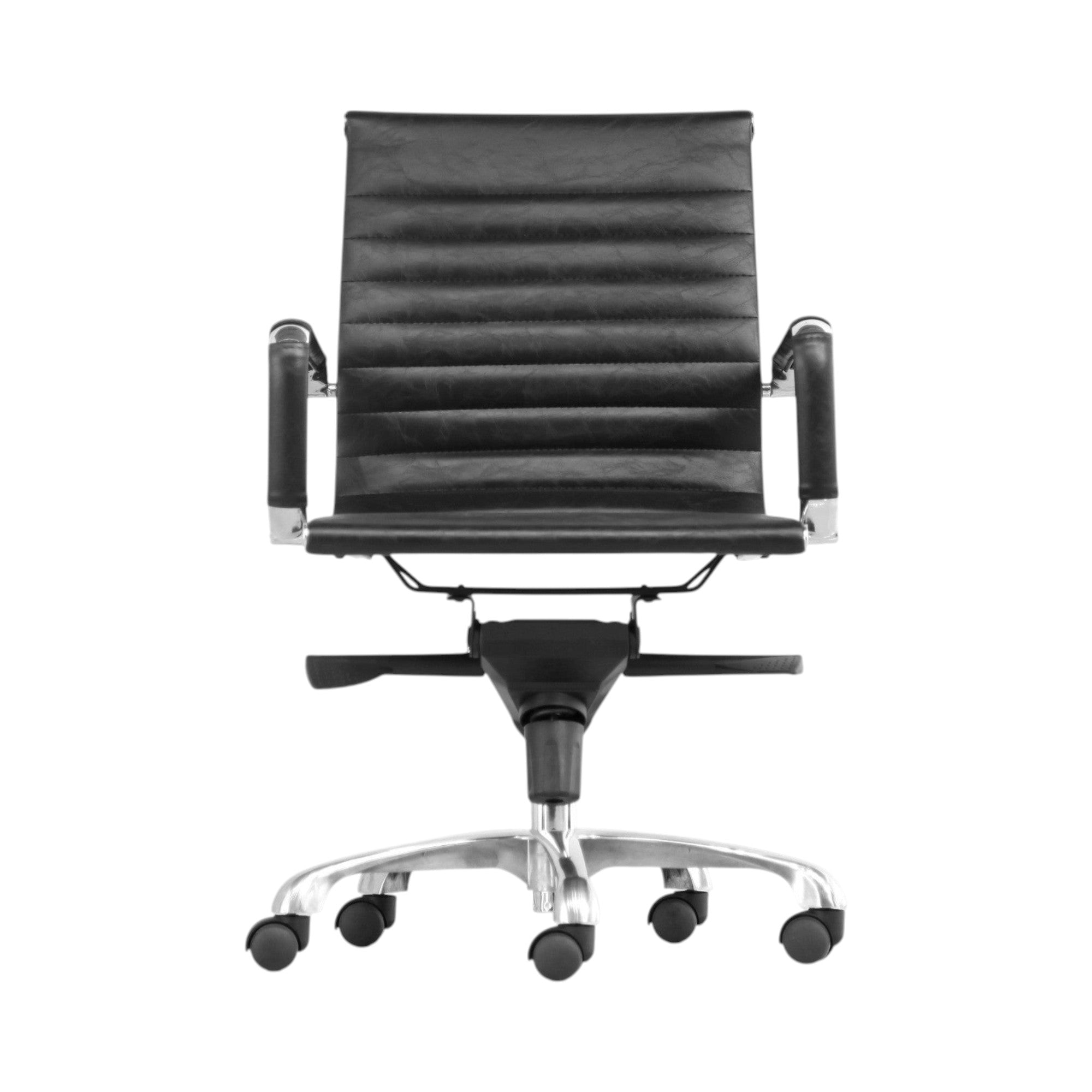 Xiaoyaozuo office chair black leather executive ribbed swivel office chair with polished aluminum base and casters.