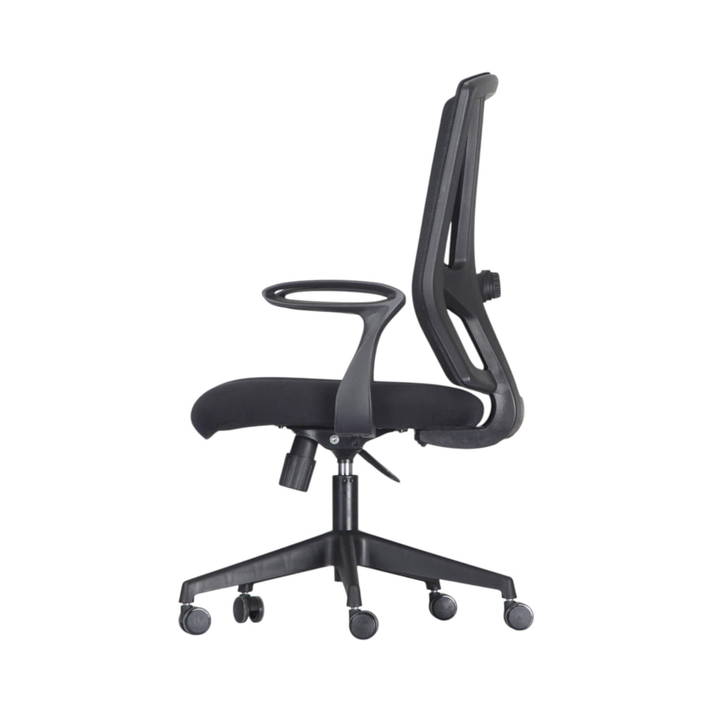Xiaoyaozuo office chair black ergonomic mesh back chair with padded seat and adjustable armrests on wheels.